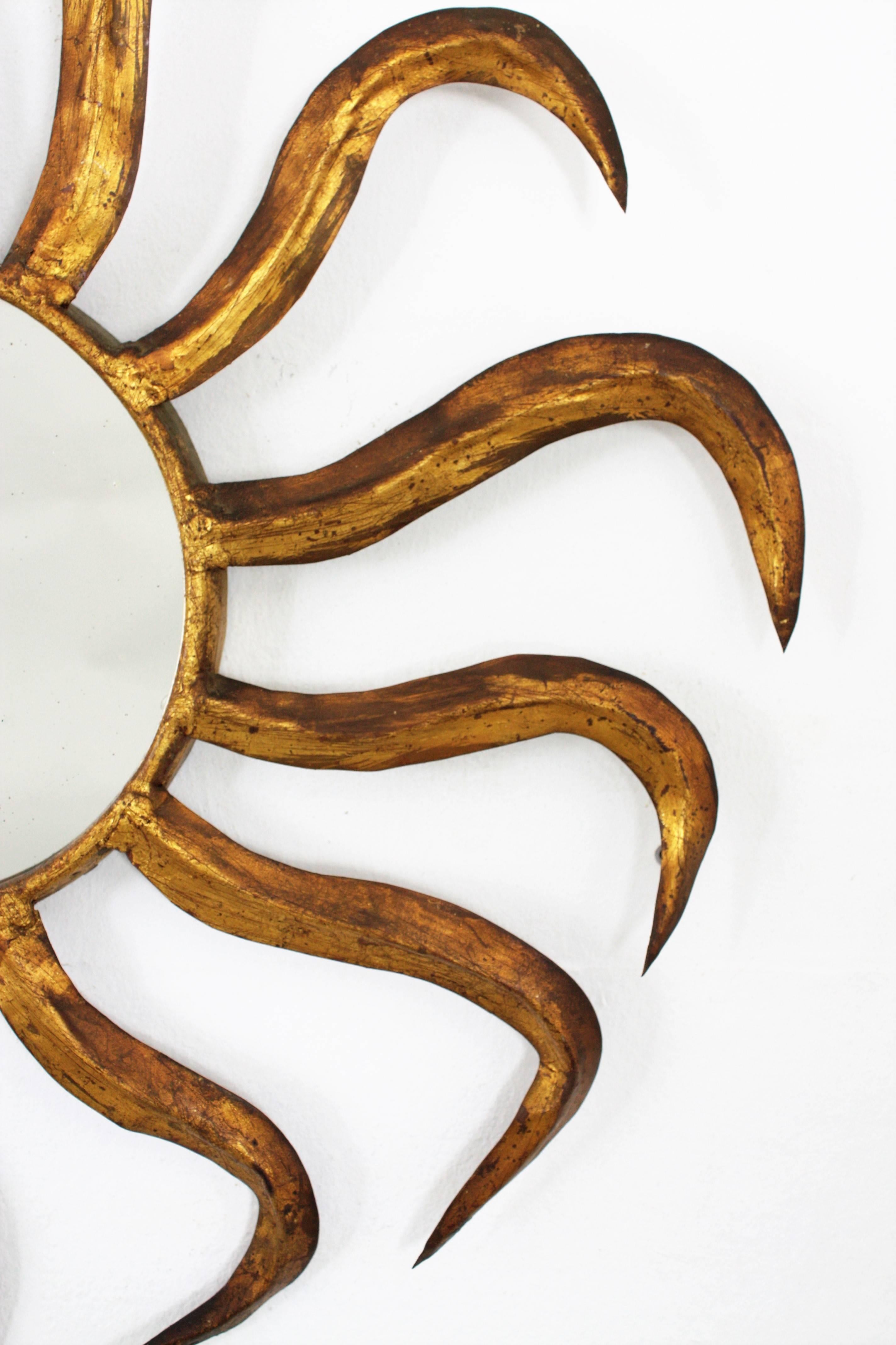French, Early 20th Century, Gold Leaf Gilt Iron Twisted Sunburst Mirror 1