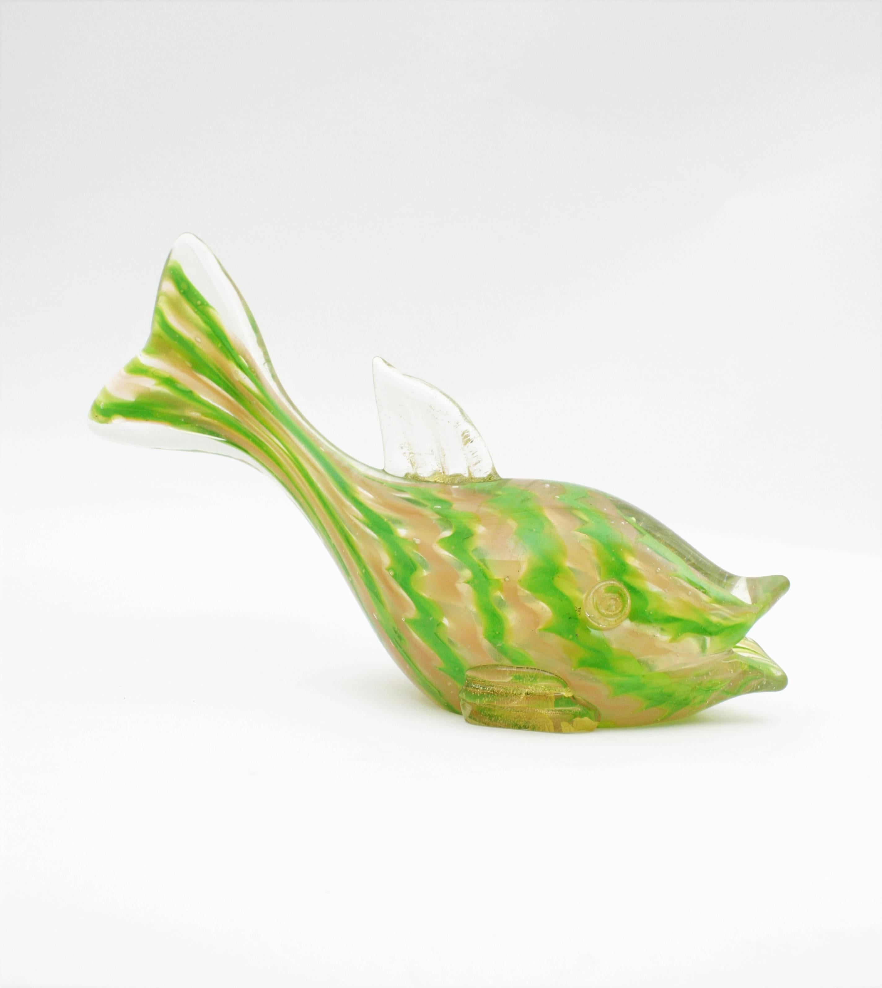 Mid-Century Modern Murano Art Glass Fish Figure with Gold Flecks and Stripes Design For Sale
