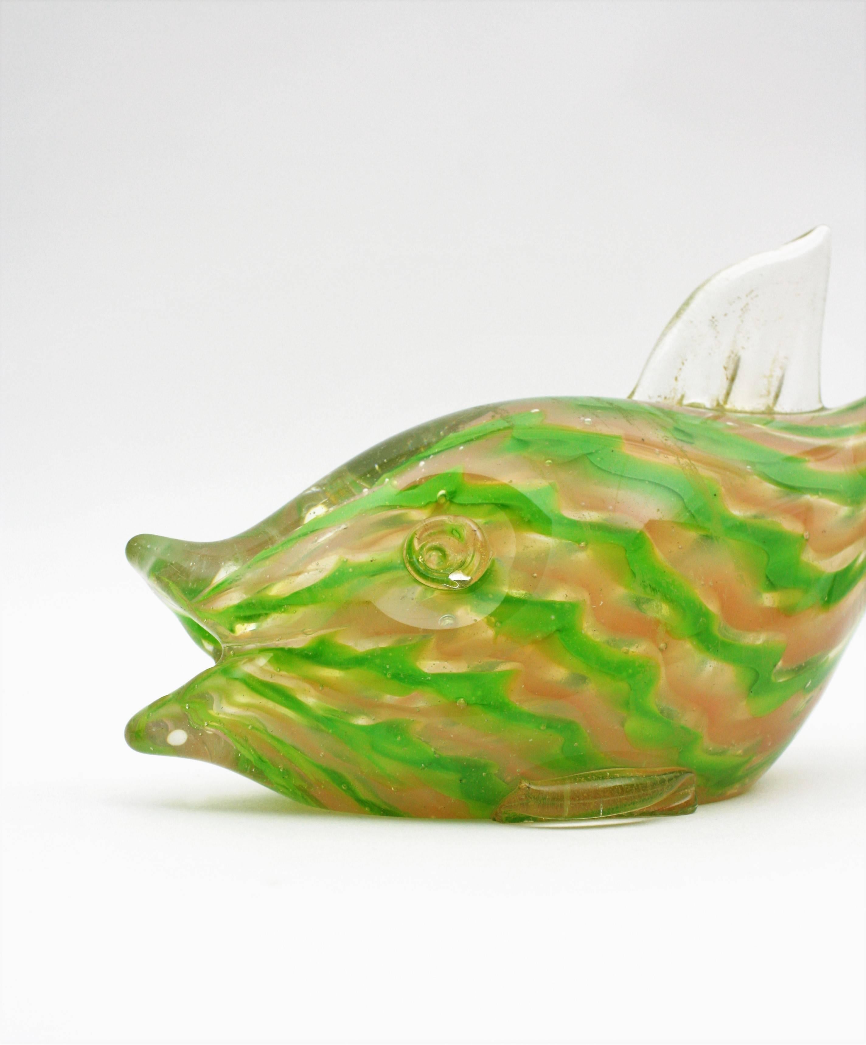 Italian Murano Art Glass Fish Figure with Gold Flecks and Stripes Design For Sale