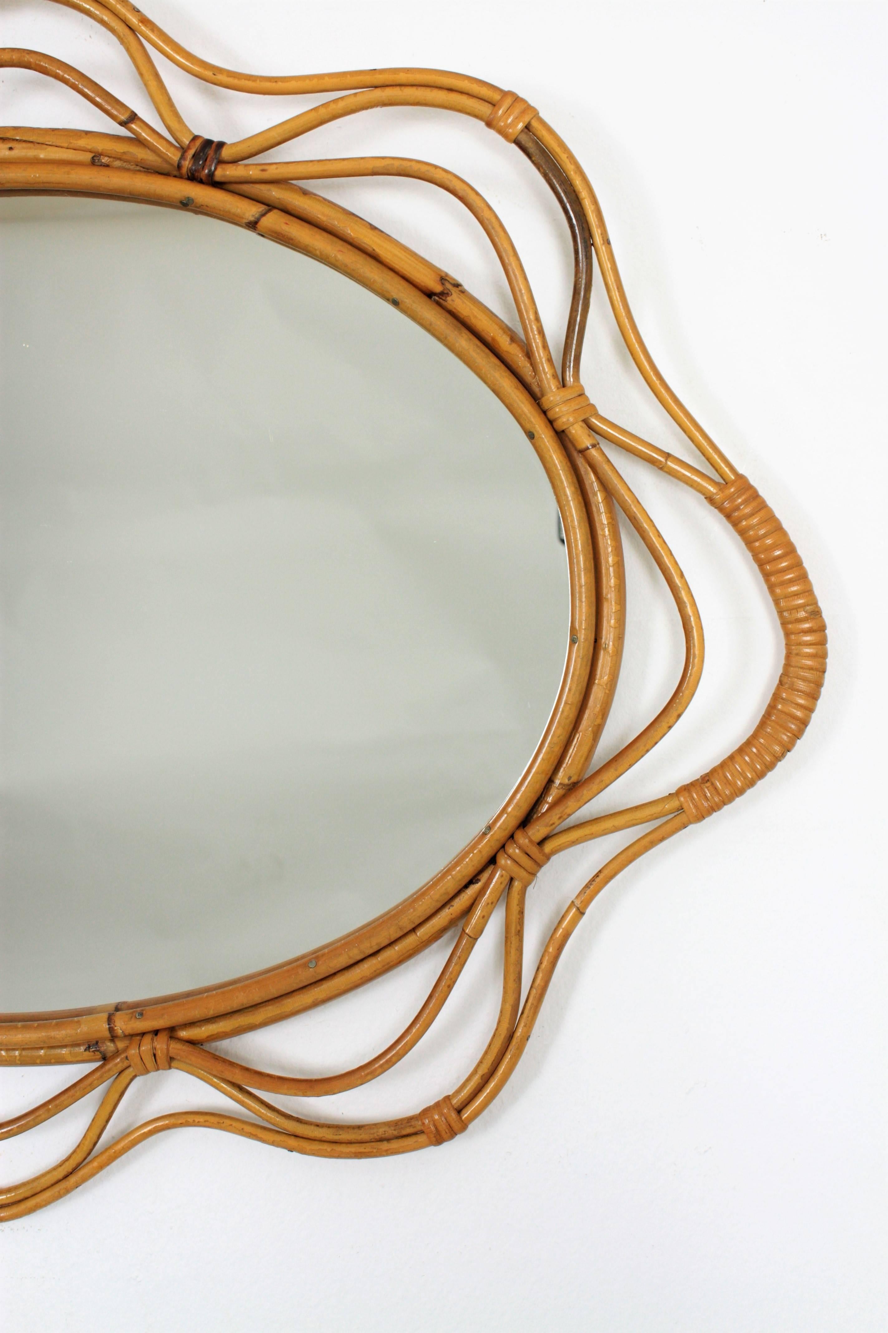 Hand-Crafted Unusual Spanish 1950s Hand-crafted Rattan and Bamboo Wavy Decorative Mirror