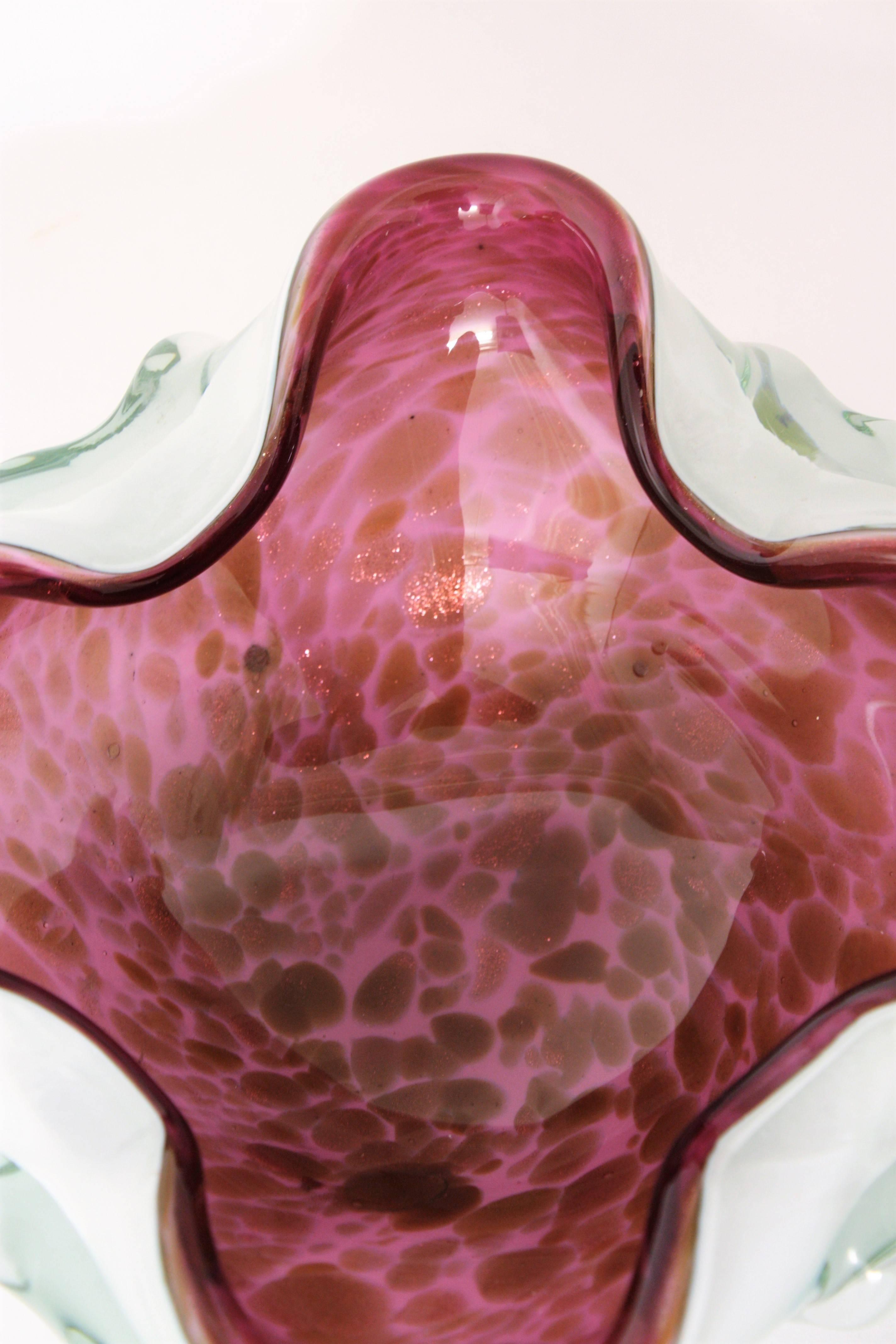 Hand-Crafted Murano Pink White Copper Flecks Art Glass Bowl, 1950s For Sale