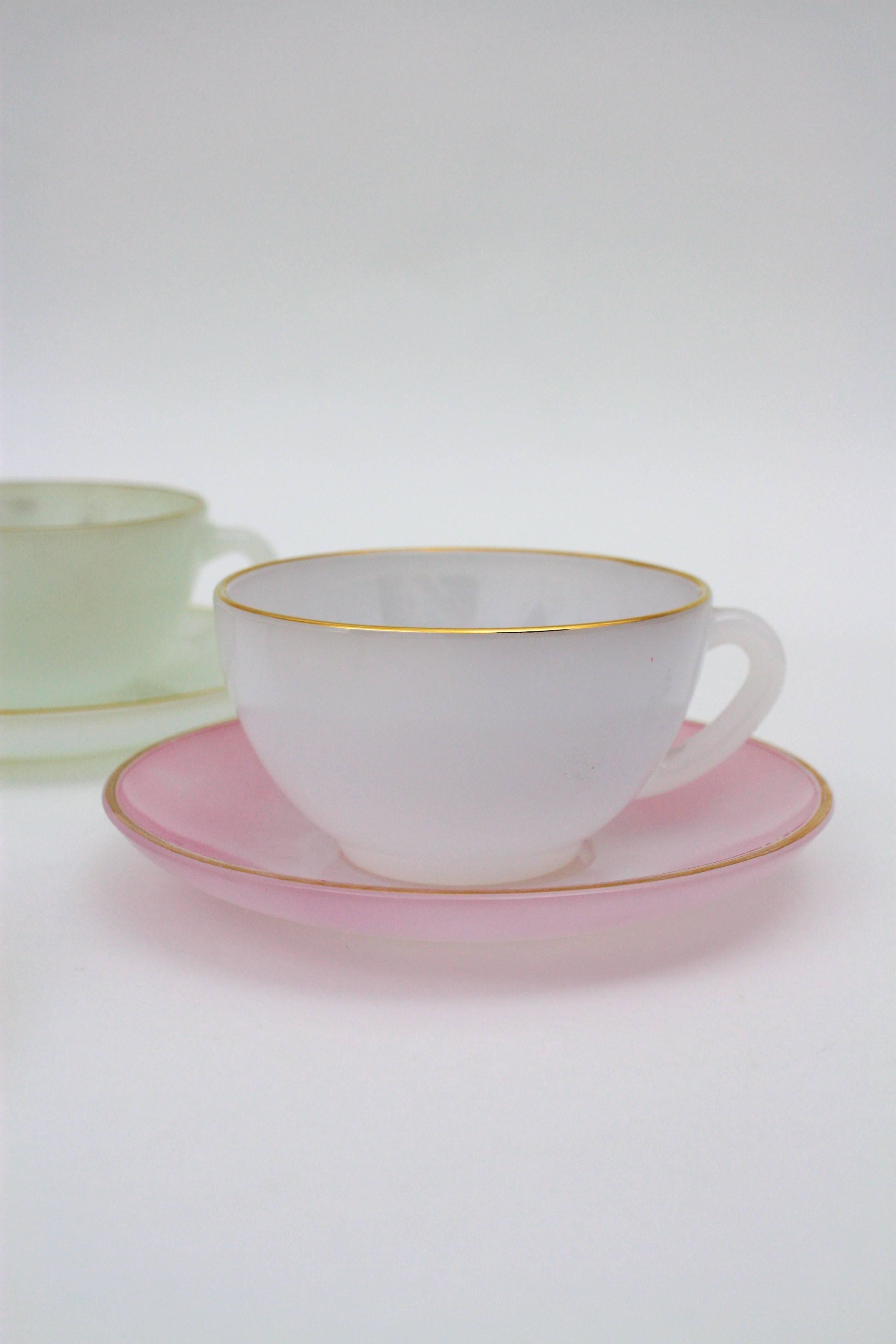 French Vintage Set of Eight Opalescent Pastel Colors and Gold Coffee Cups, France 1960s