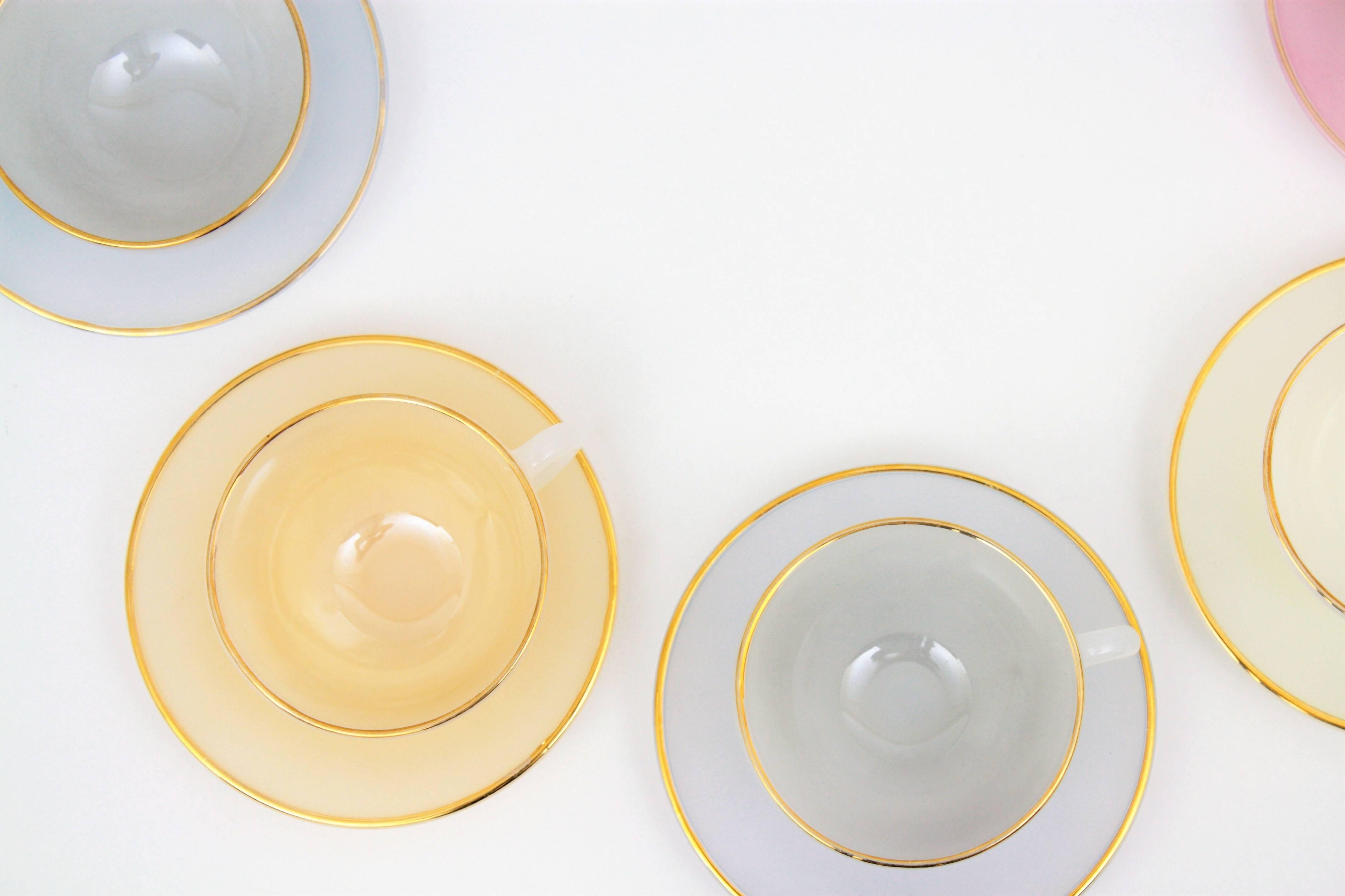 Mid-Century Modern Vintage Set of Eight Opalescent Pastel Colors and Gold Coffee Cups, France 1960s