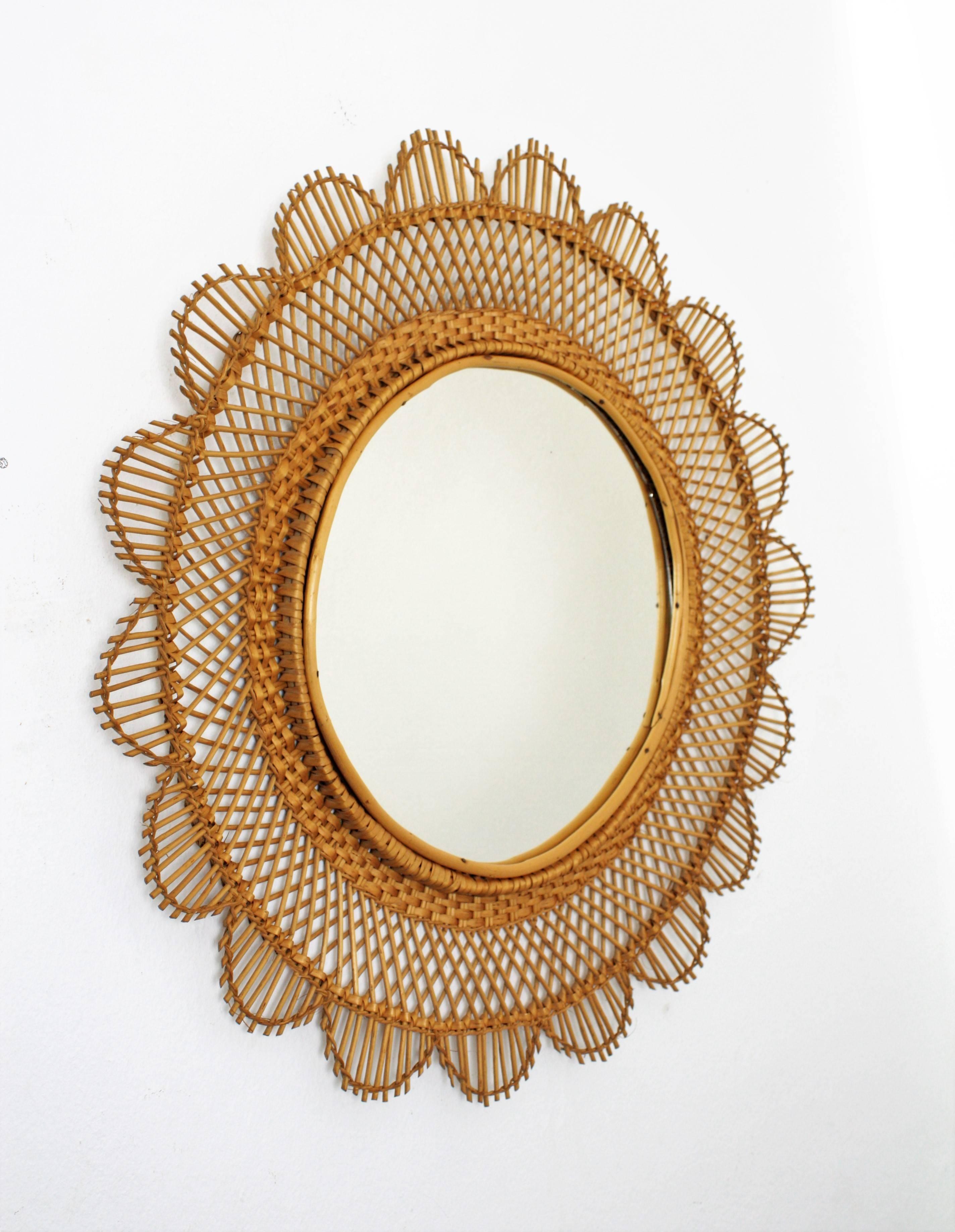 A highly decorative handcrafted wicker or rattan mirror with flower shape. The frame shows a thorough handwoven work. This piece has all the taste of the Mediterranean coast style.
Beautiful to place it alone but gorgeous placed with other cane