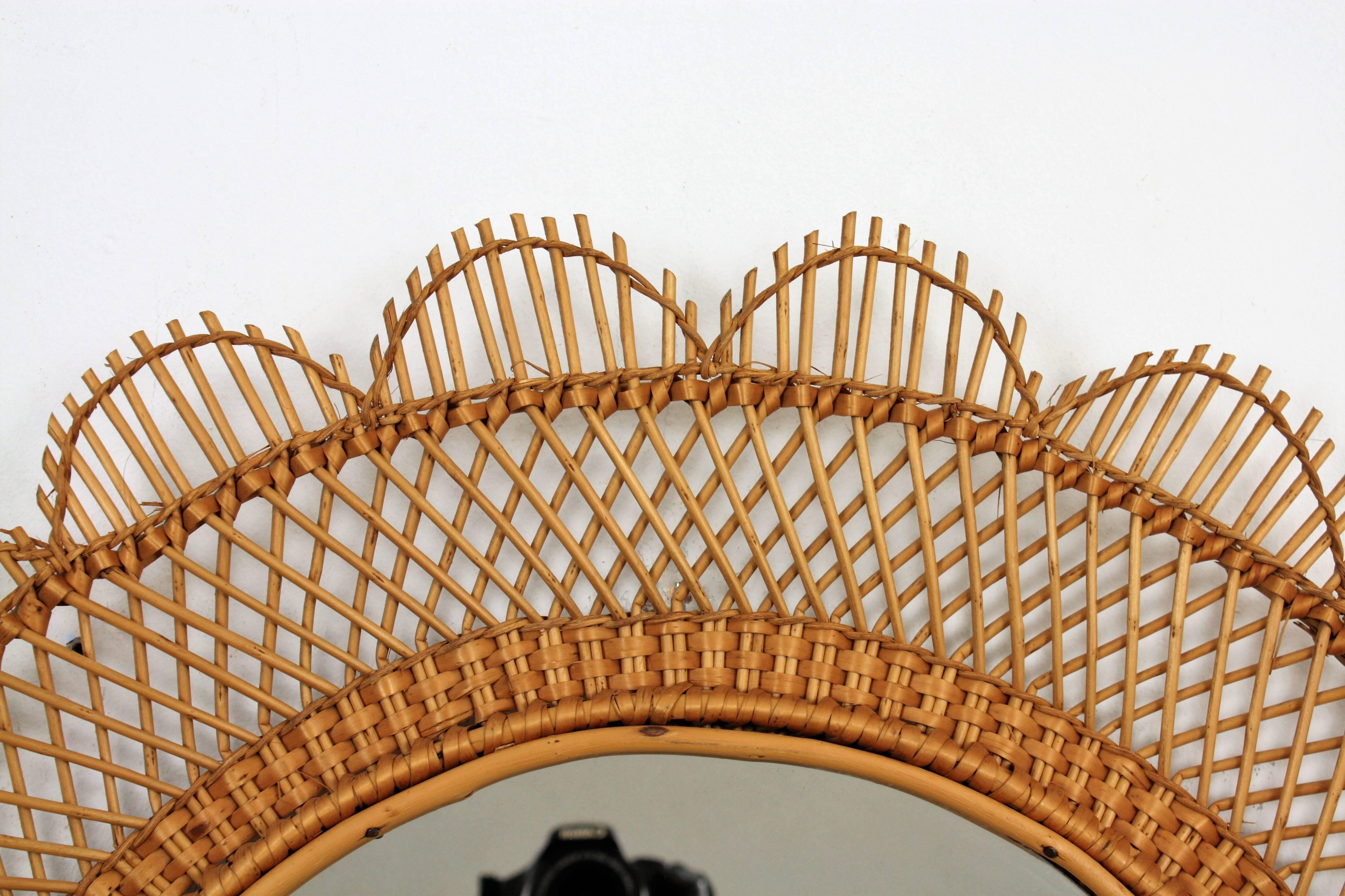 Spanish, 1960s Handwoven Wicker Cane Flower Burst Wall Mirror In Excellent Condition In Barcelona, ES