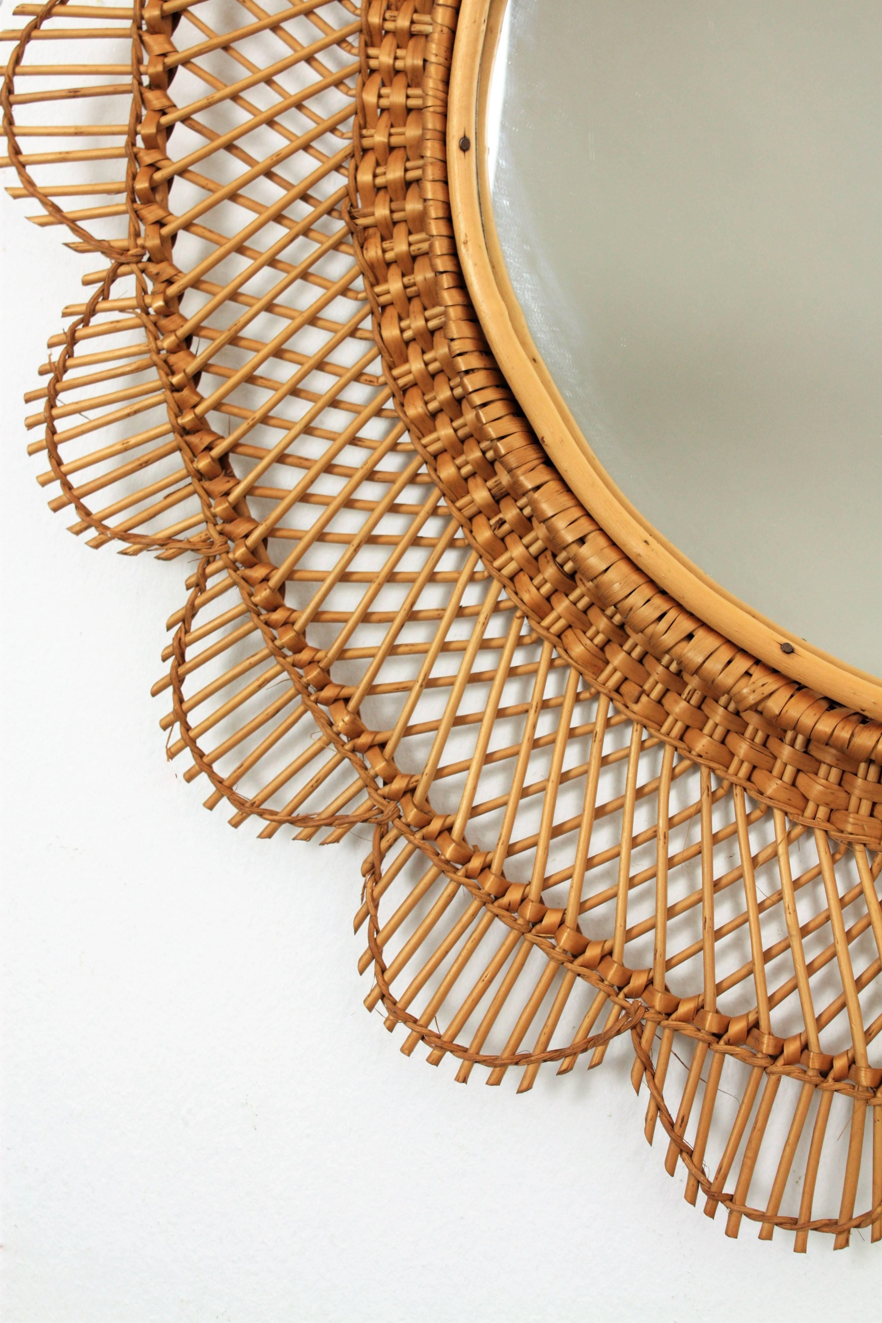 Mid-20th Century Spanish, 1960s Handwoven Wicker Cane Flower Burst Wall Mirror