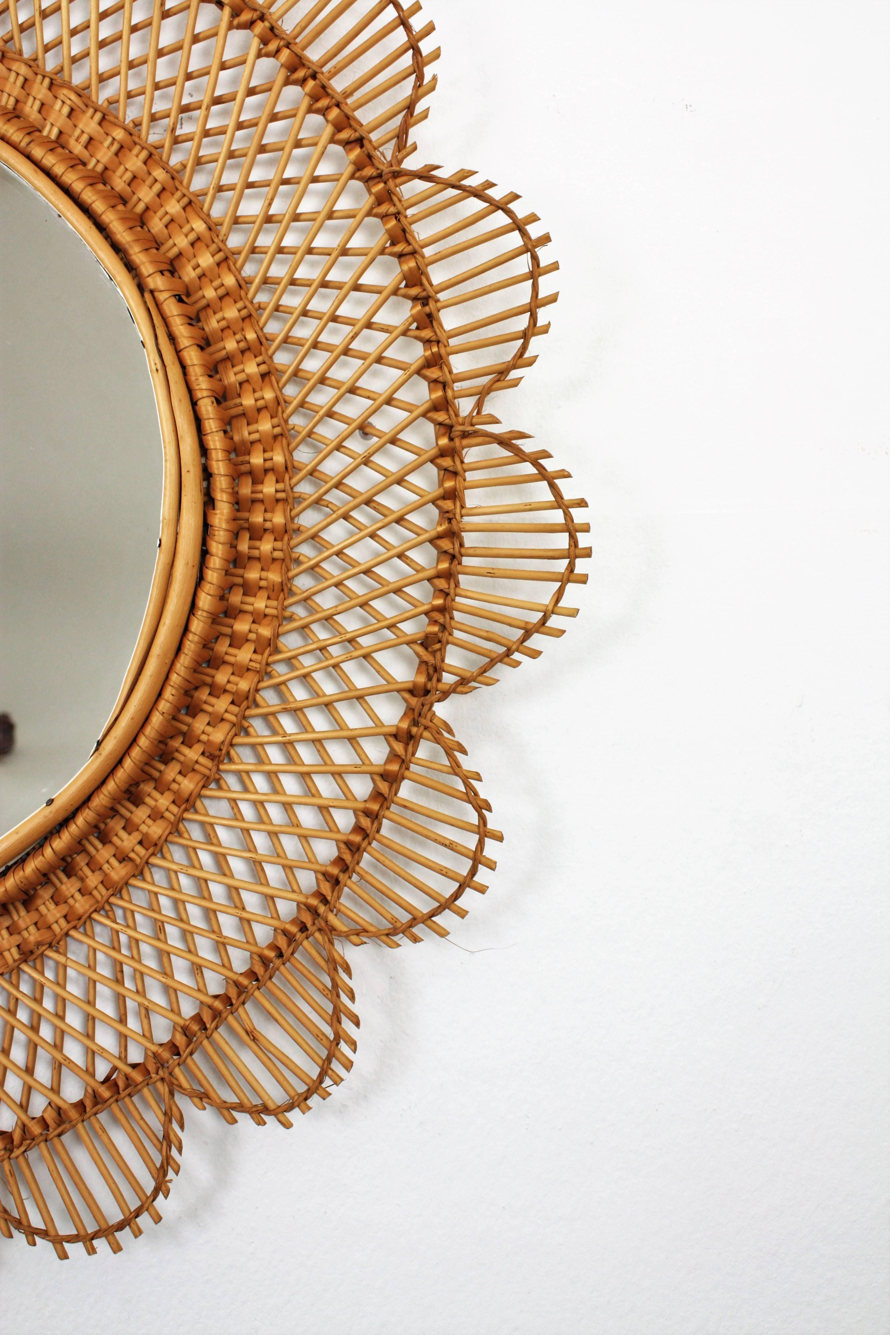 Spanish, 1960s Handwoven Wicker Cane Flower Burst Wall Mirror 1