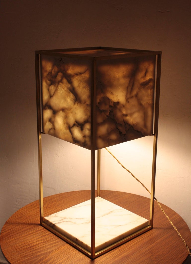 Mid-Century Modern Alabaster and Brass Cube Table Lamp, Spain, 1970s ...