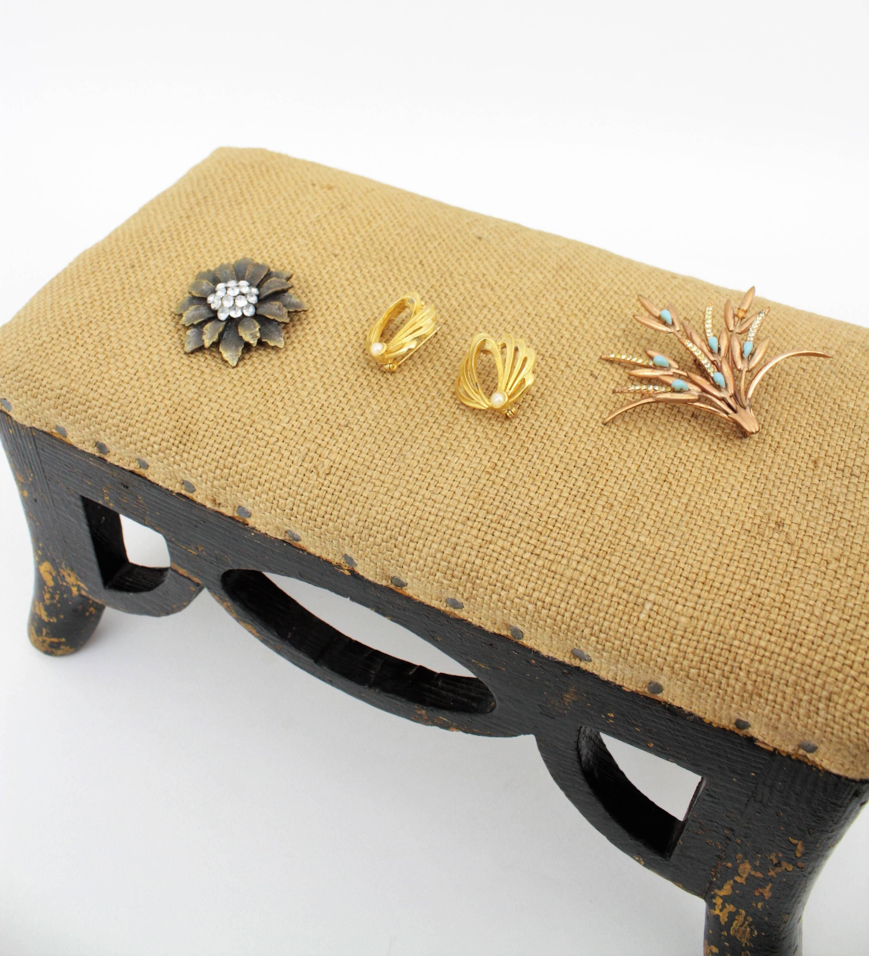 20th Century Miniature Stool or Vanity Jewelry Stand, Upholstered Seat in Burlap Fabric For Sale