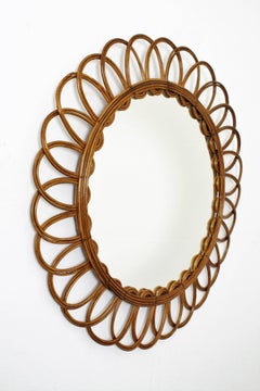 Vintage Mediterranean Flower Shaped Rattan Wall Mirror, France, 1960s