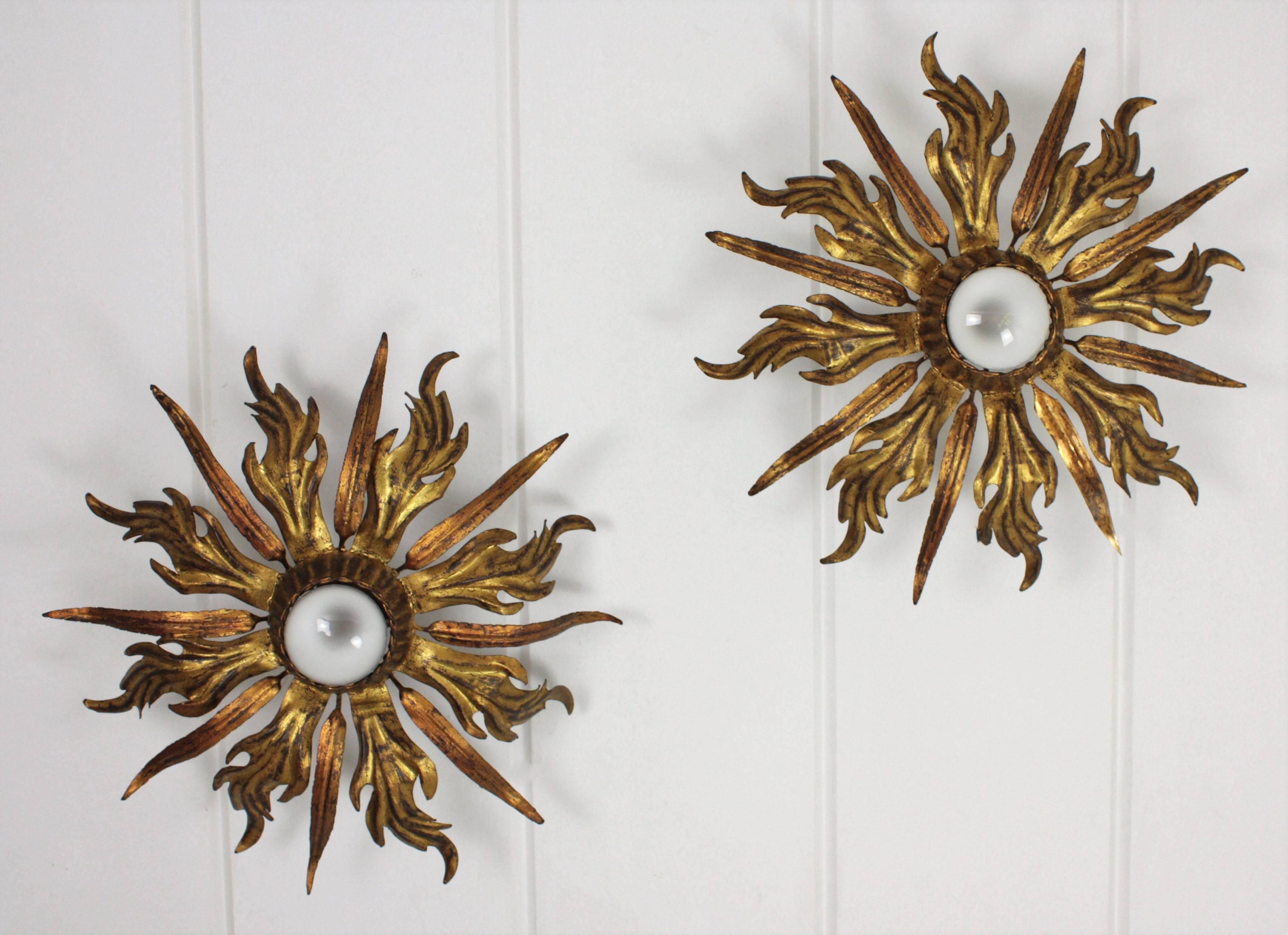 Hollywood Regency French 1930s Pair of Leafed Copper & Gilt Iron Sunburst Ceiling or Wall Sconces
