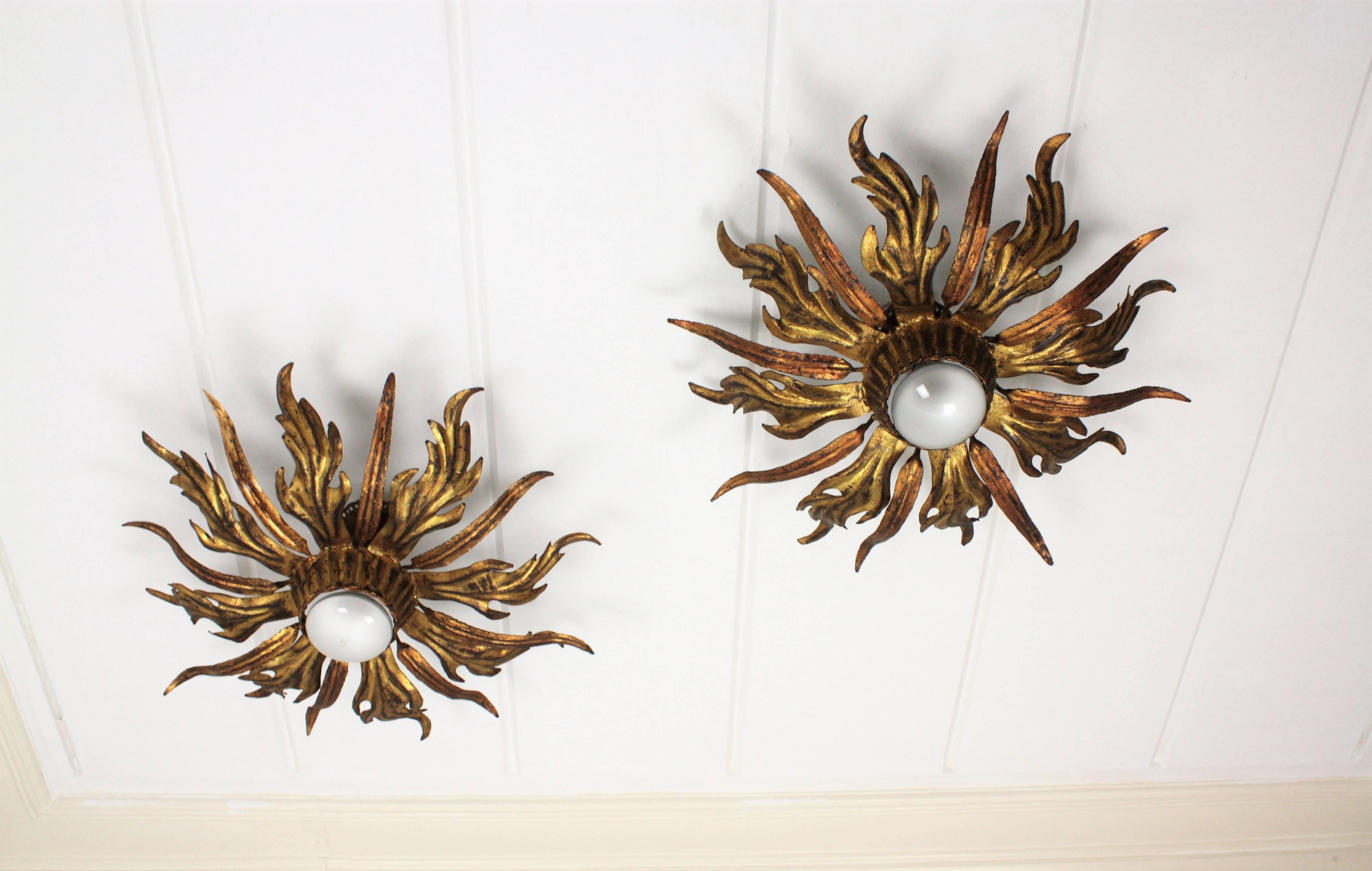 French 1930s Pair of Leafed Copper & Gilt Iron Sunburst Ceiling or Wall Sconces 1