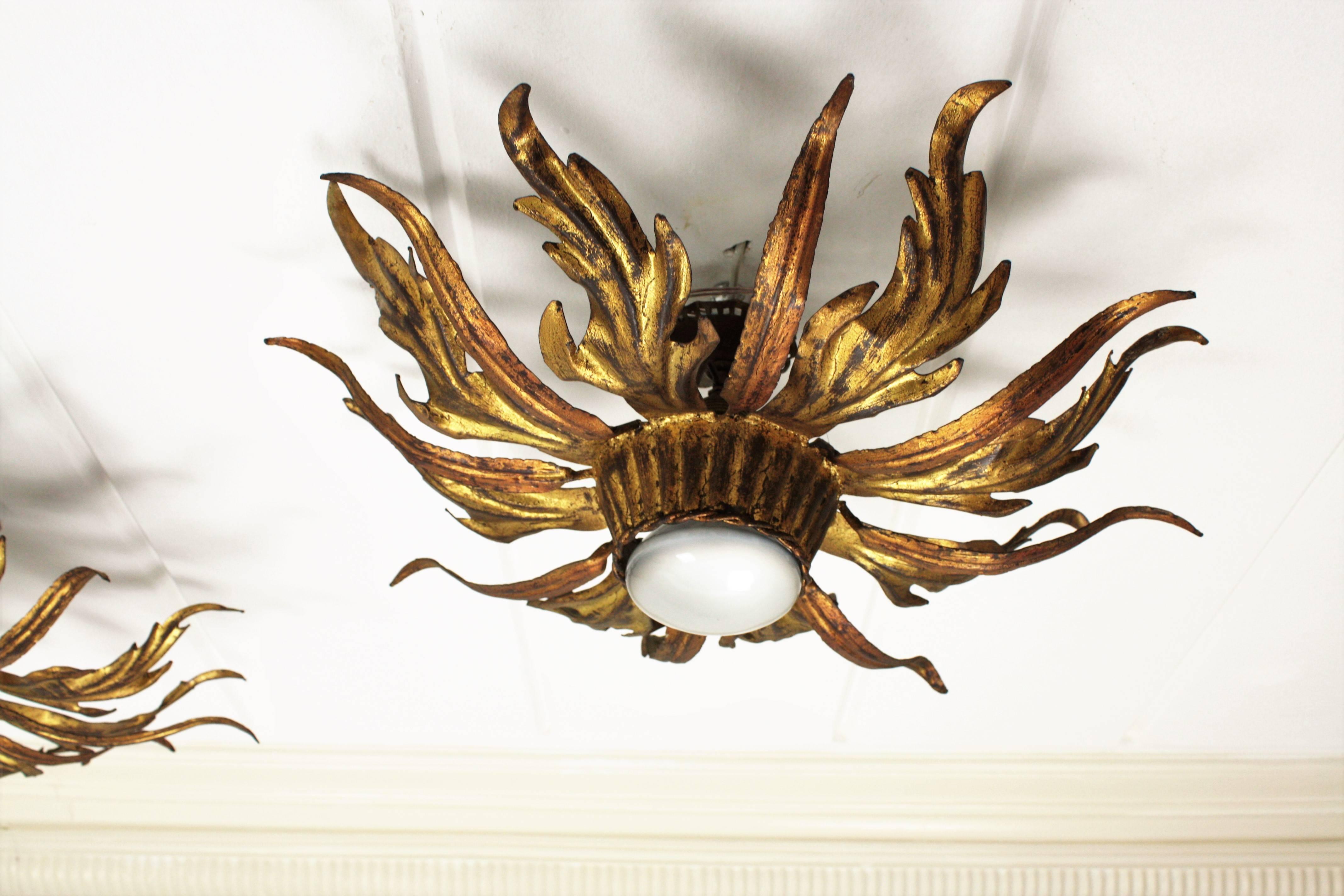 French 1930s Pair of Leafed Copper & Gilt Iron Sunburst Ceiling or Wall Sconces 3