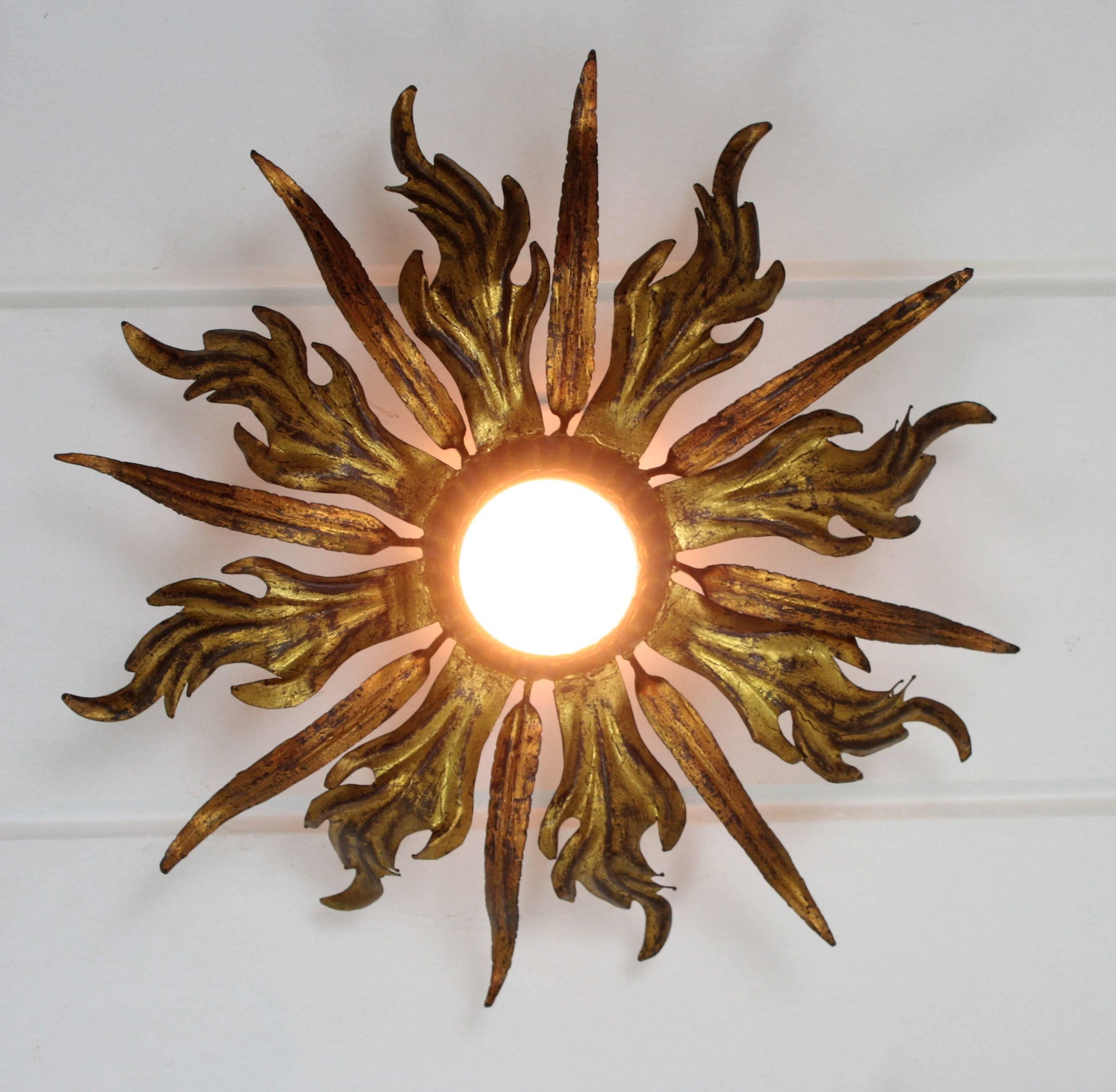 French 1930s Pair of Leafed Copper & Gilt Iron Sunburst Ceiling or Wall Sconces 2