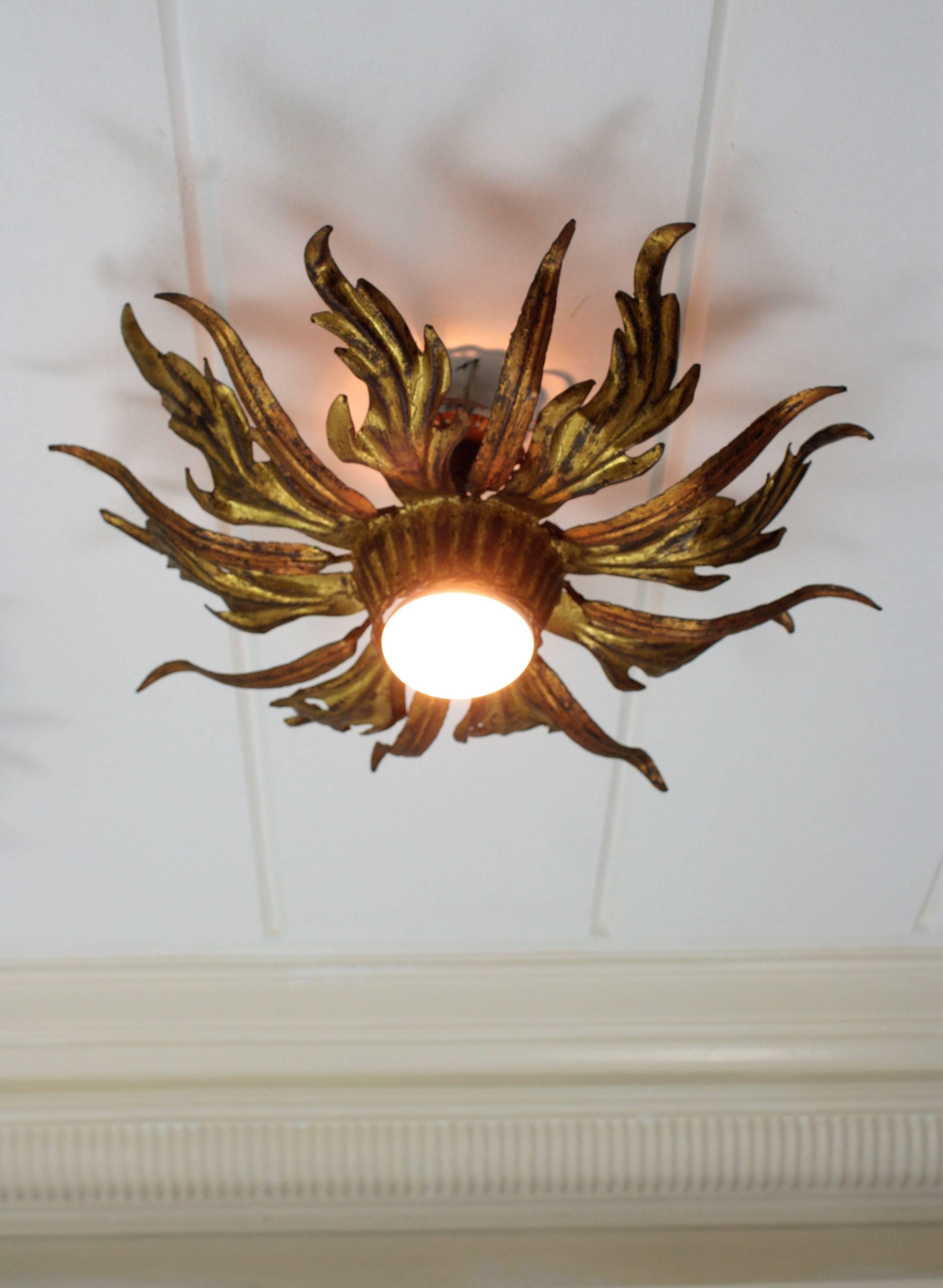 French 1930s Pair of Leafed Copper & Gilt Iron Sunburst Ceiling or Wall Sconces 4