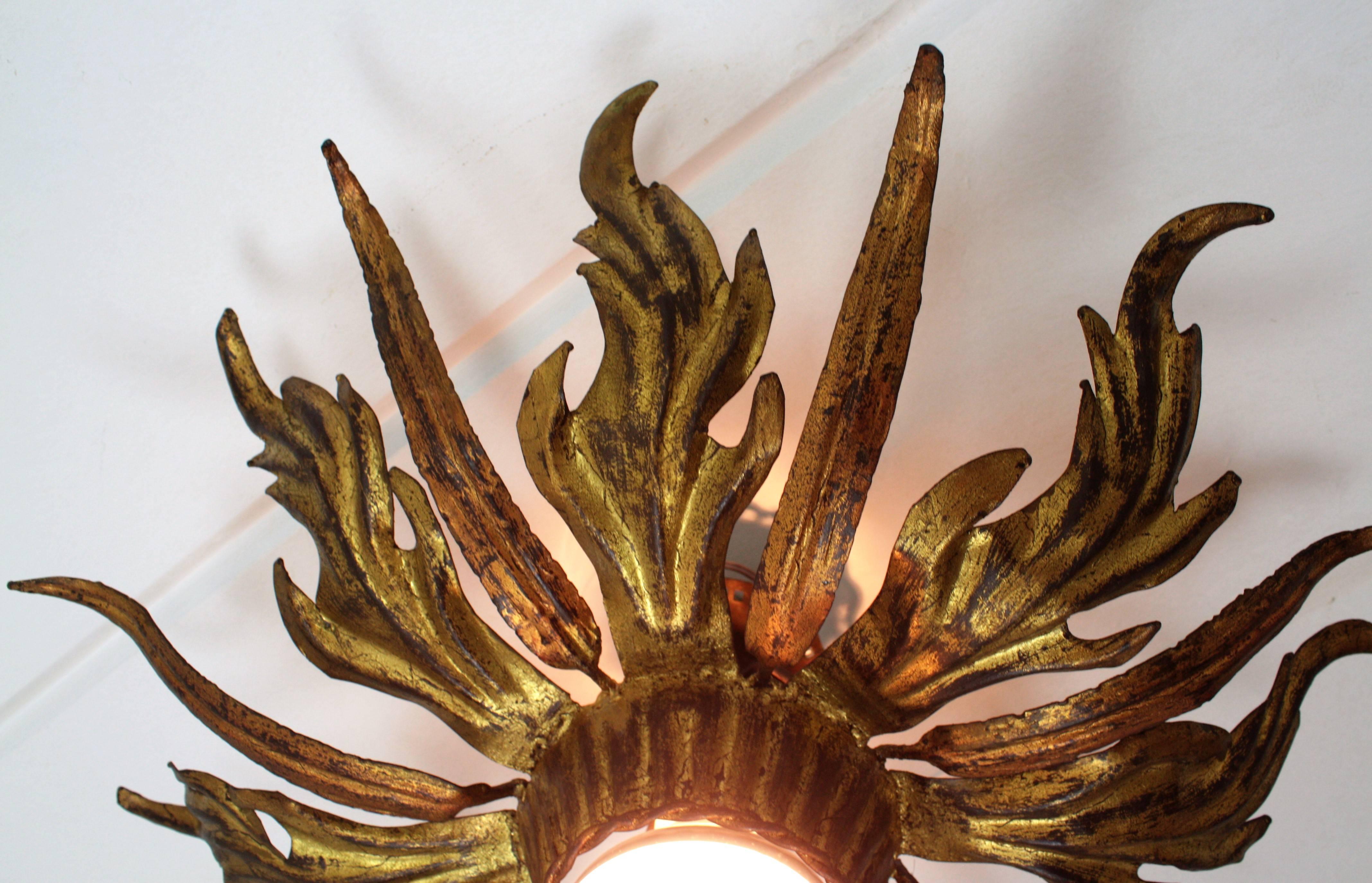 Mid-20th Century French 1930s Pair of Leafed Copper & Gilt Iron Sunburst Ceiling or Wall Sconces