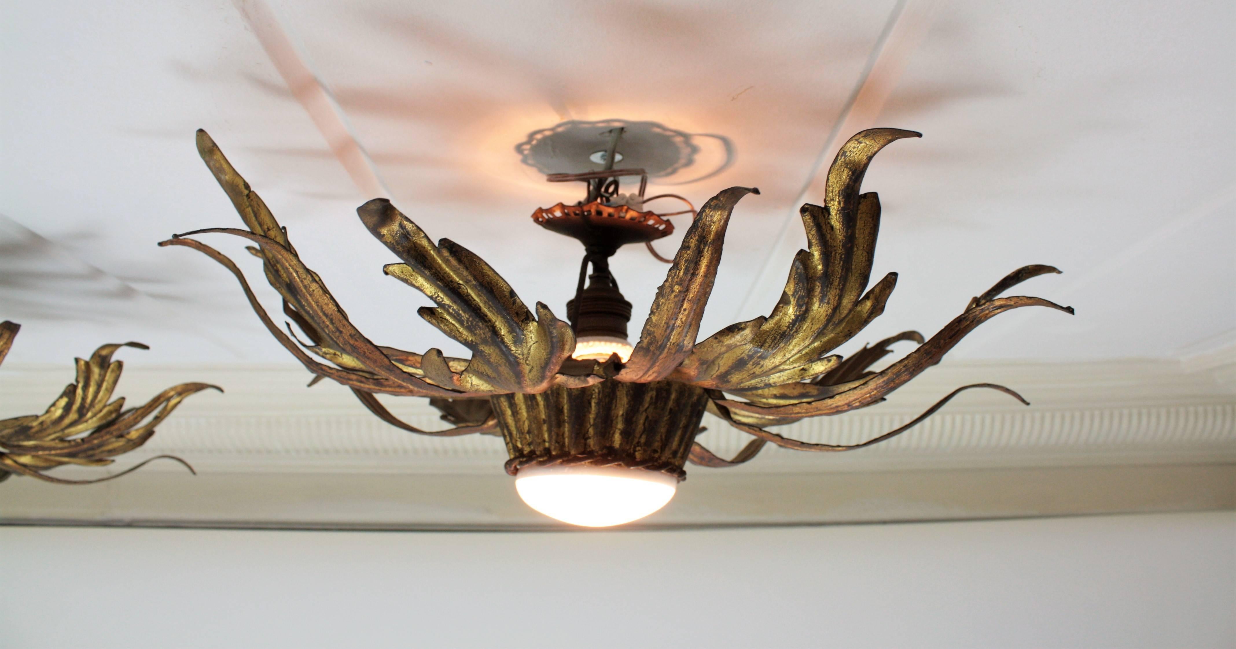 French 1930s Pair of Leafed Copper & Gilt Iron Sunburst Ceiling or Wall Sconces 5