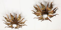 French 1930s Pair of Leafed Copper & Gilt Iron Sunburst Ceiling or Wall Sconces