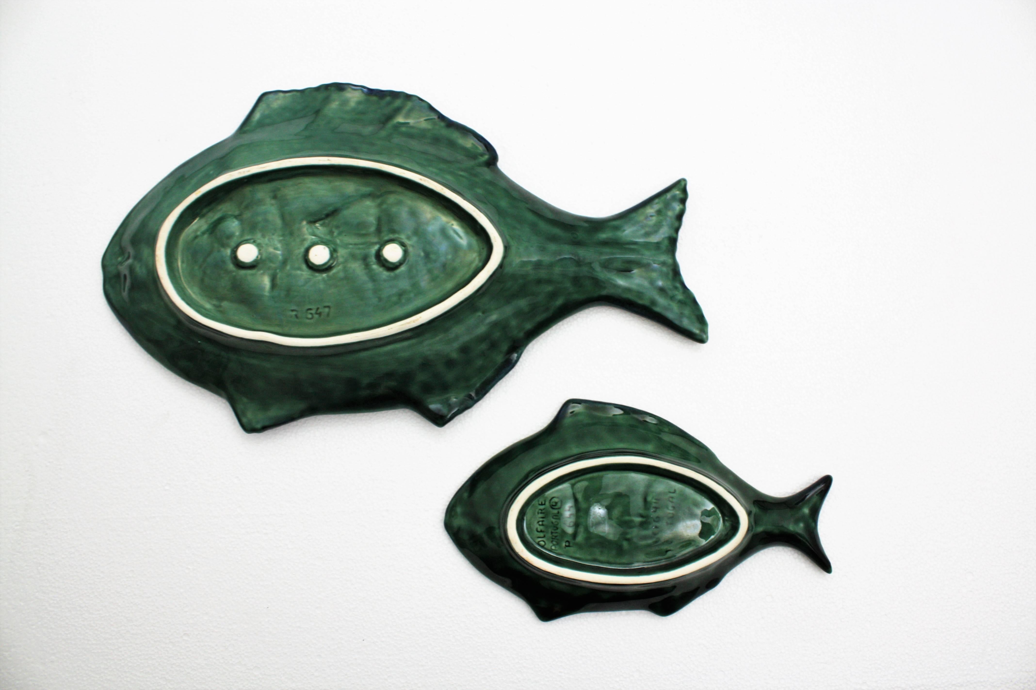 Portuguese Pair of Blue and Green Majolica Glazed Ceramic Fish Platters, Portugal, 1960s