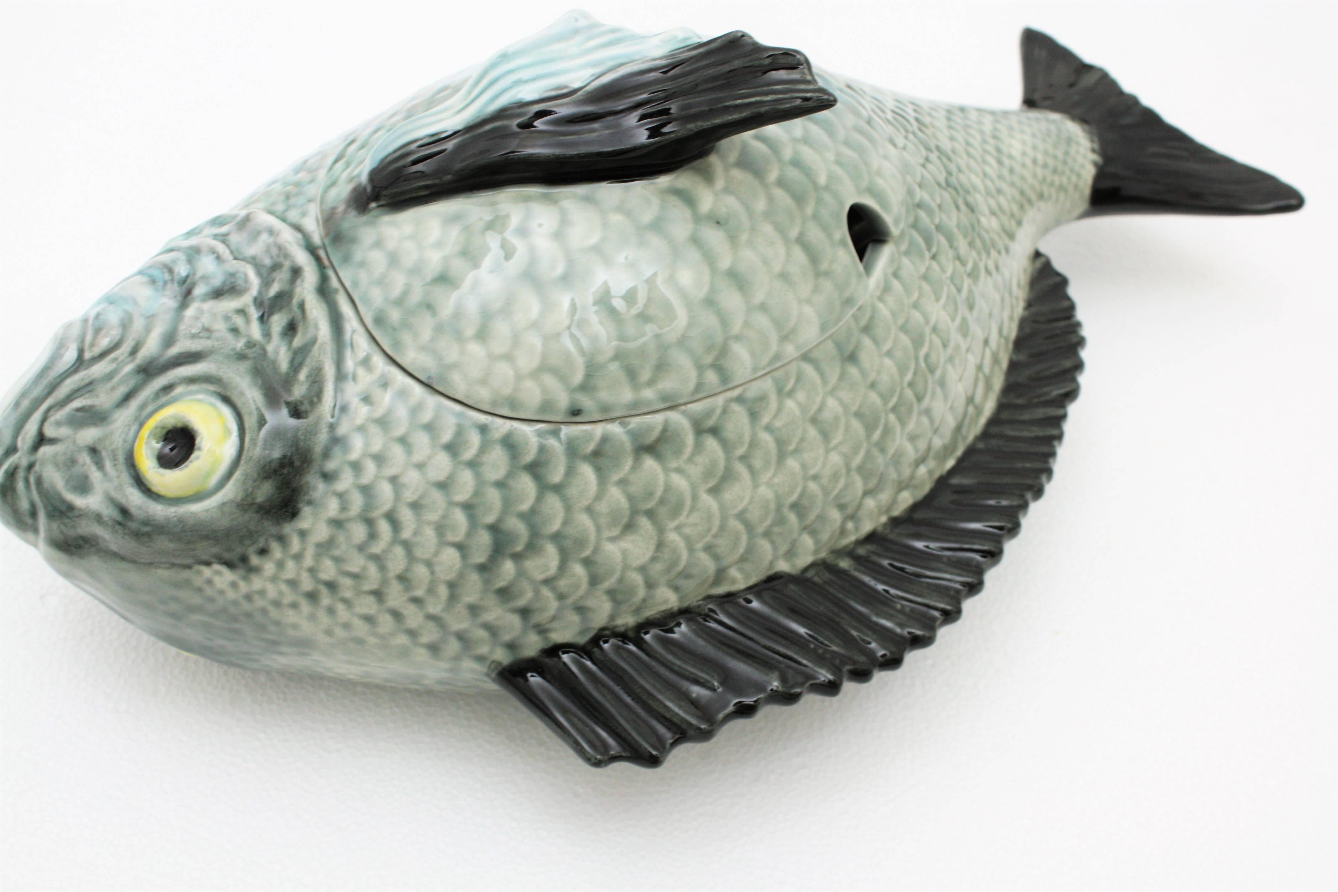 Portuguese Bordallo Pinheiro Majolica Ceramic Blue Fish Tureen Centerpiece, 1950s