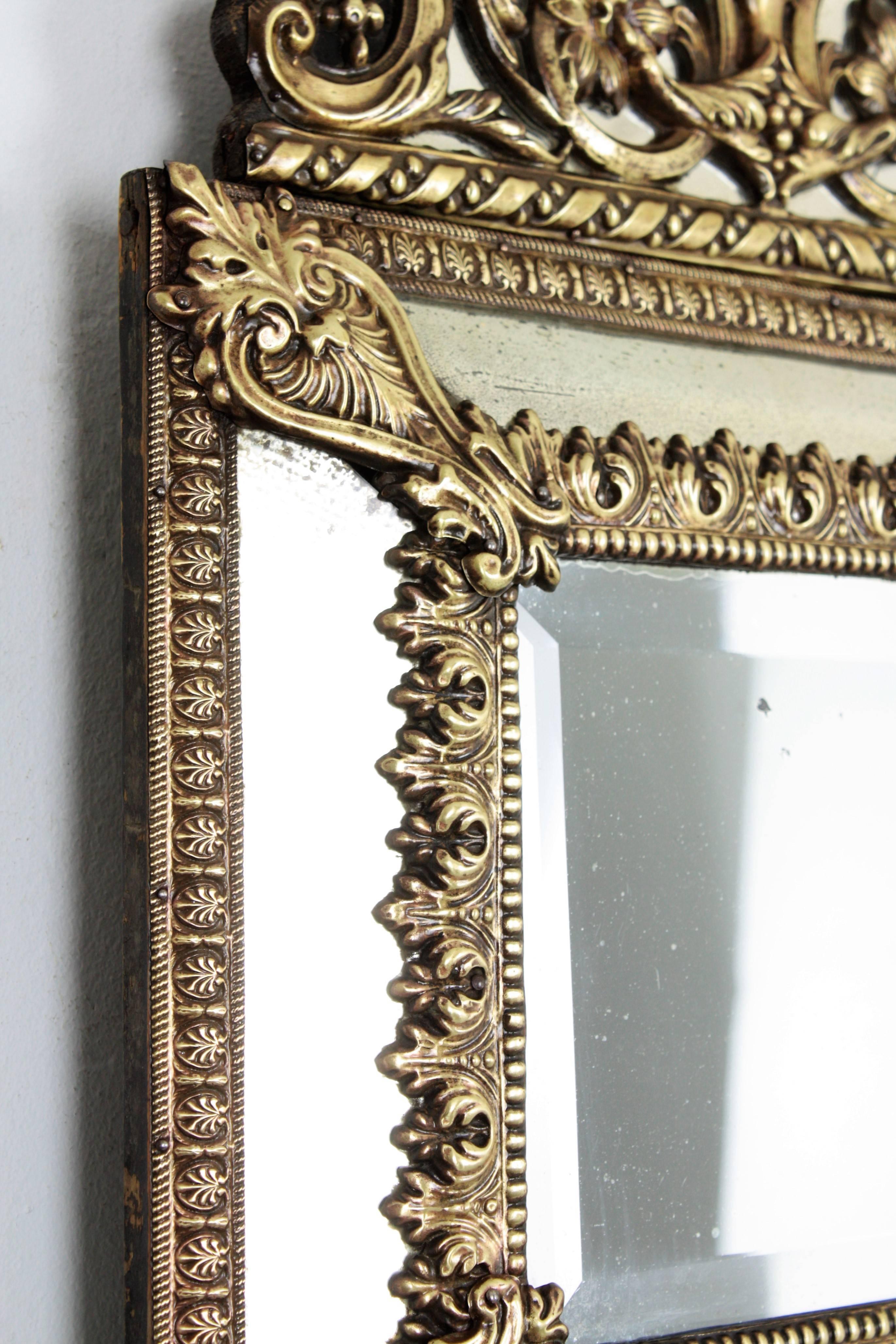 Beveled 19th Century, French Napoleon III Brass Repousse Vanity Glass Mirror