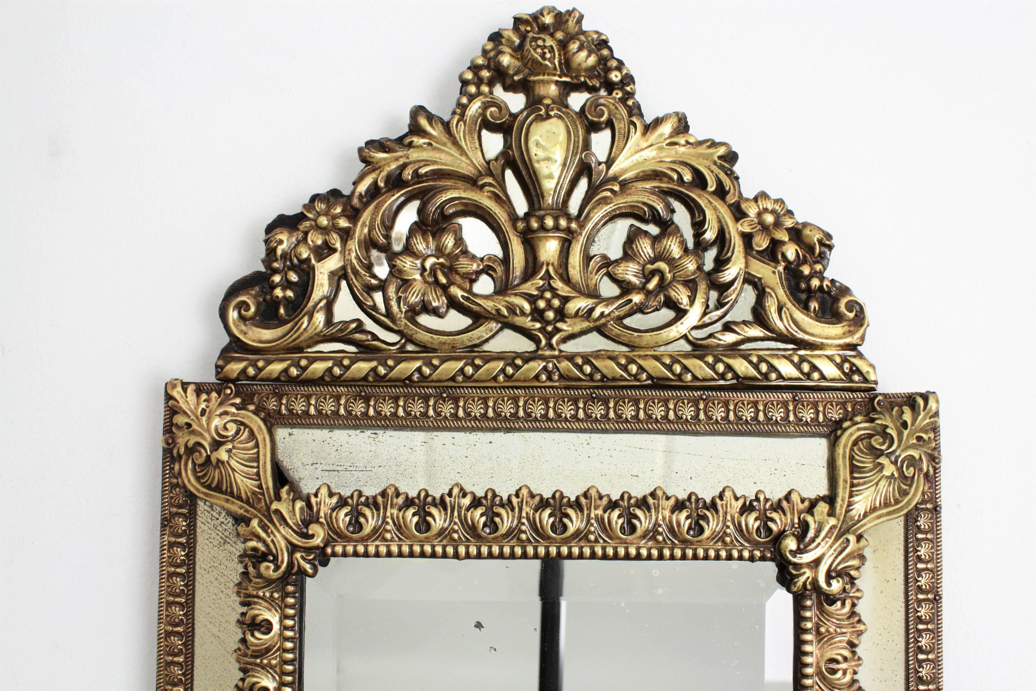 Wood 19th Century, French Napoleon III Brass Repousse Vanity Glass Mirror