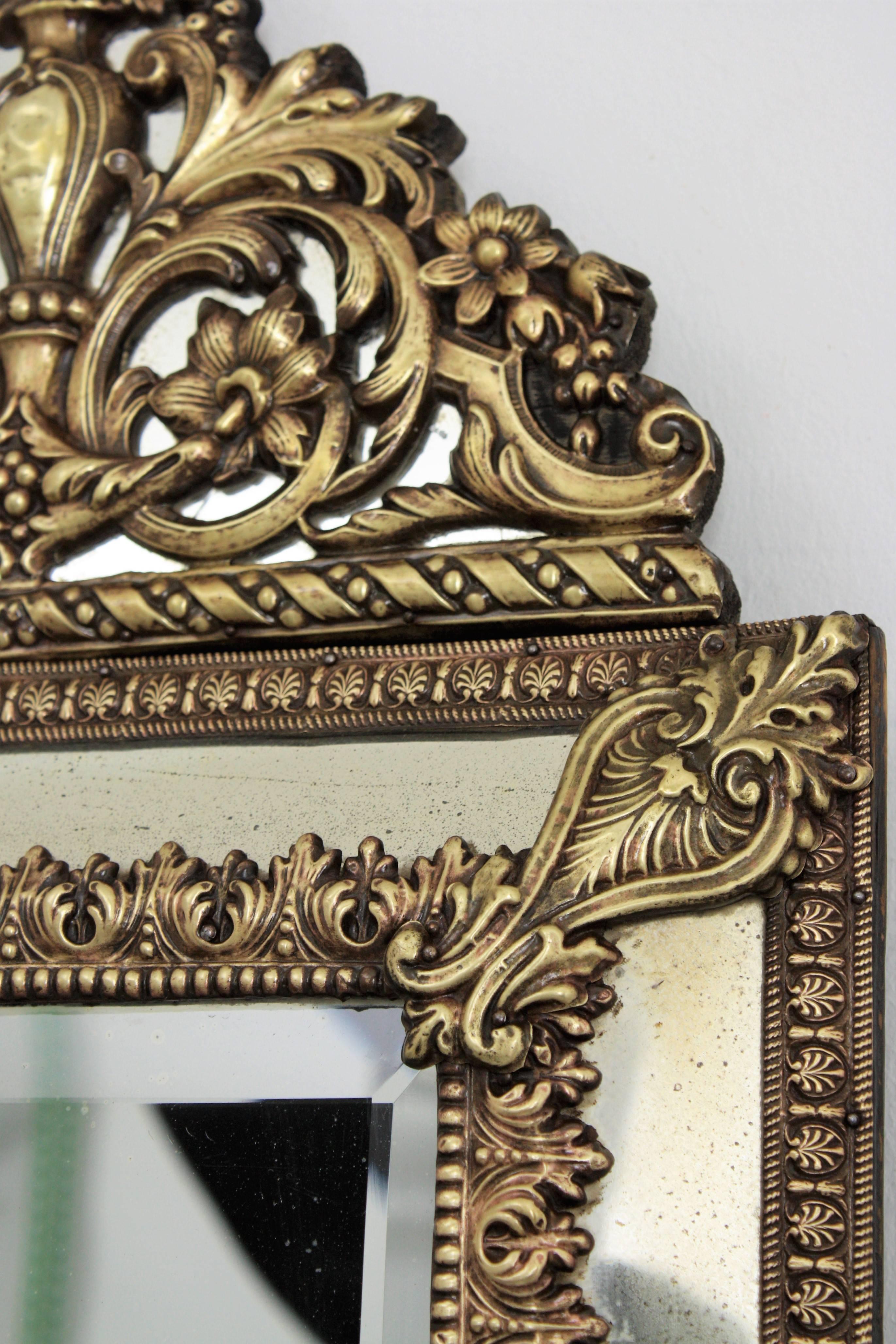 19th Century, French Napoleon III Brass Repousse Vanity Glass Mirror 1