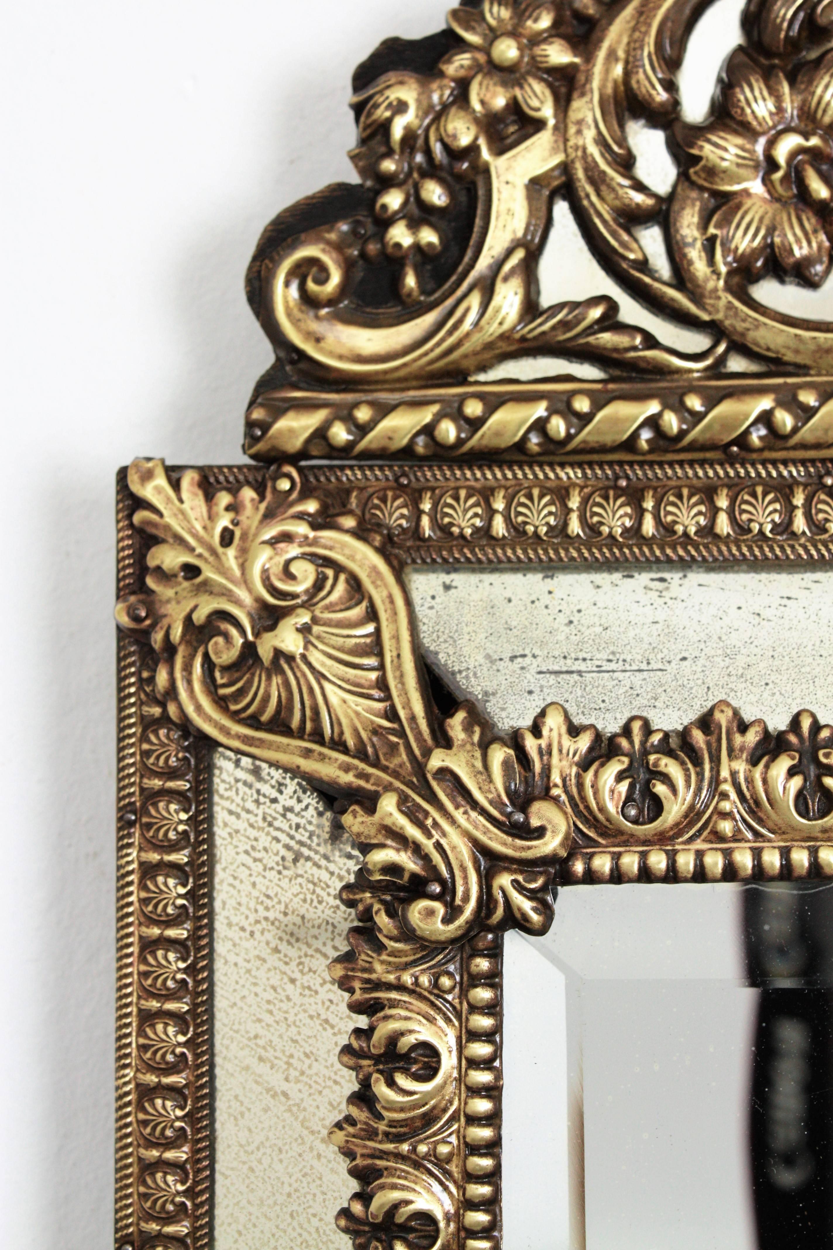 19th Century, French Napoleon III Brass Repousse Vanity Glass Mirror 2