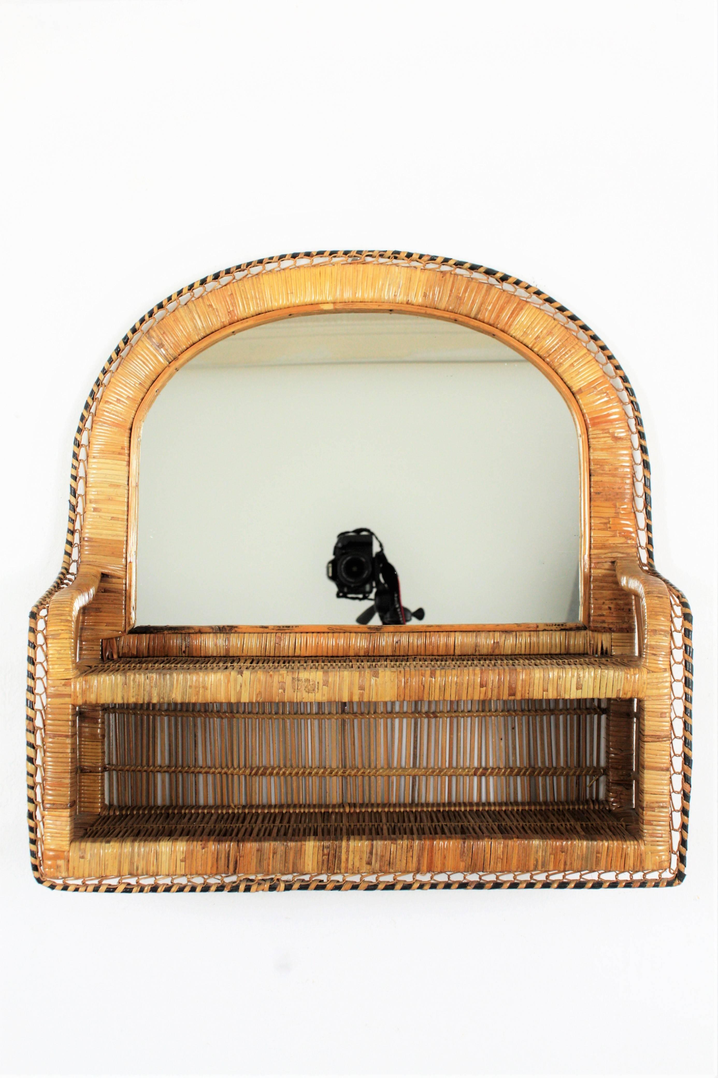 Mid-Century Modern Unusual Wicker Shelf Mirror in the Emmanuelle Chair Manner Spain 1970s