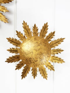 Pair of Hand-Hammered Gilt Iron Sunburst Ceiling Light Fixtures, Spain, 1940s