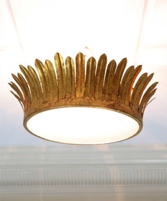 French, 1940s Neoclassical Gilt Iron Crown Light Fixture with Frosted Glass