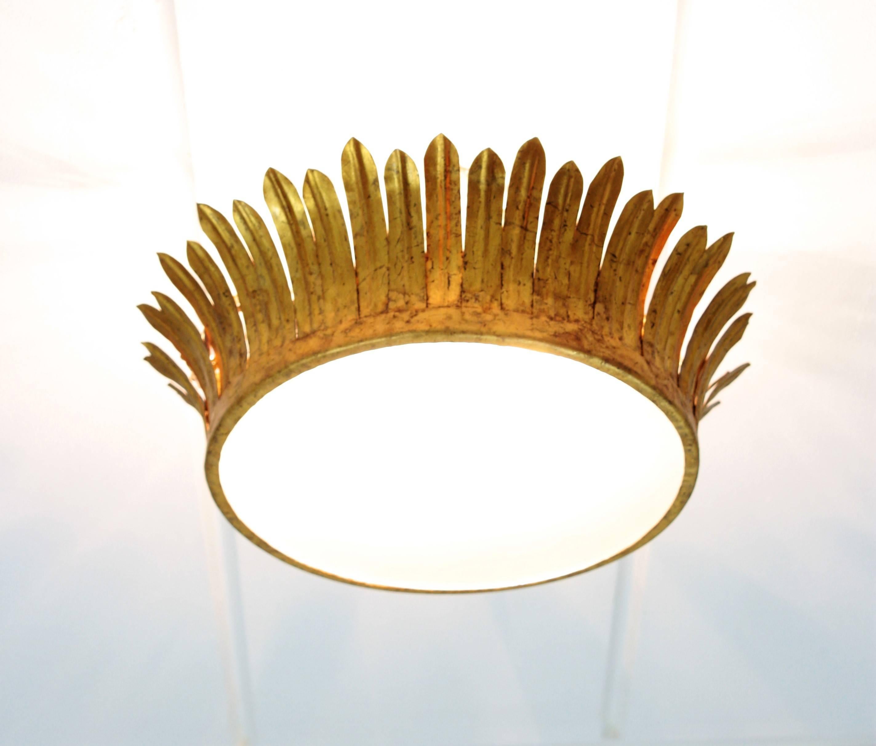 Mid-20th Century French, 1940s Neoclassical Gilt Iron Crown Light Fixture with Frosted Glass