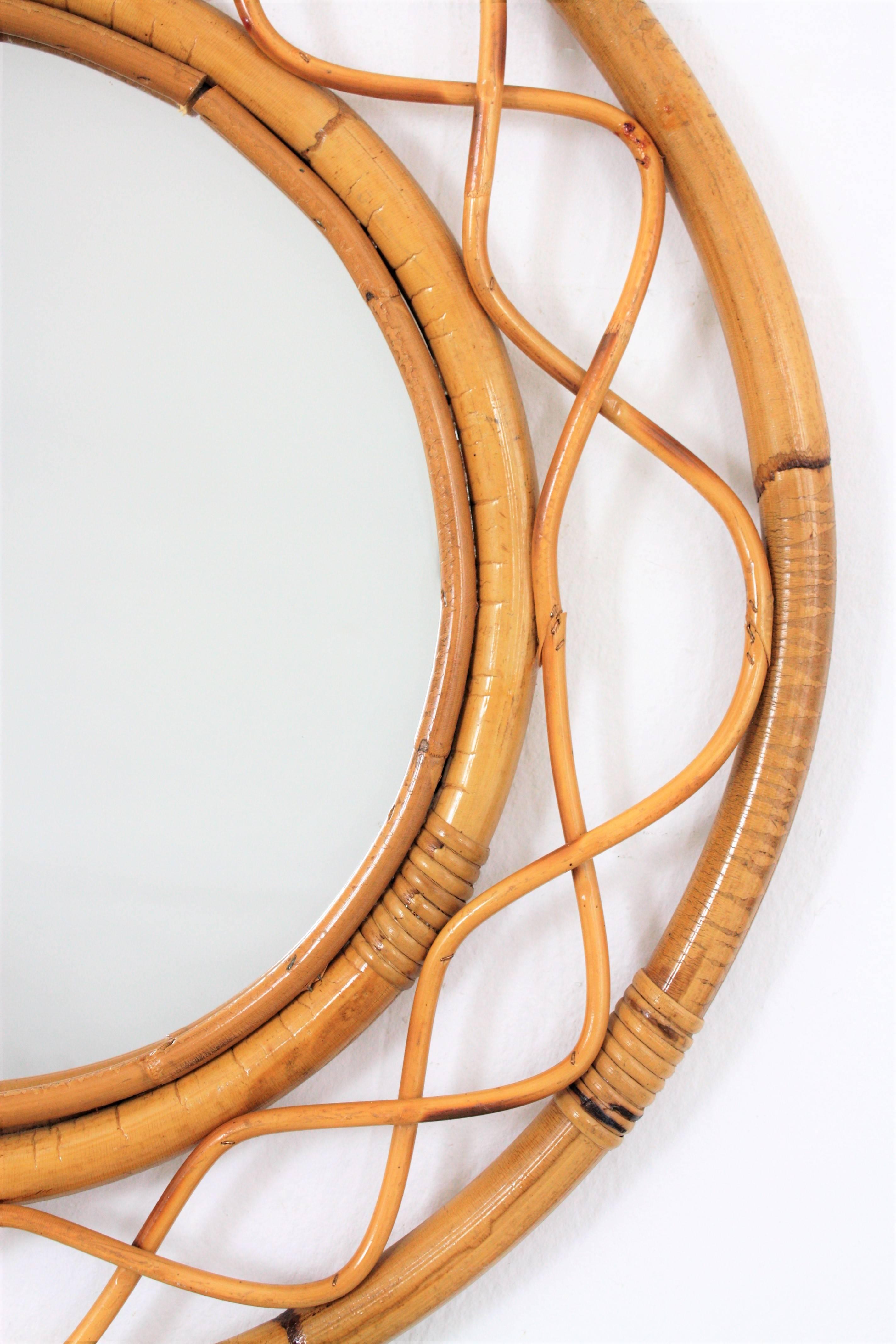Jean Royère Style French Riviera Bamboo and Rattan Round Mirror, France, 1960s In Excellent Condition In Barcelona, ES