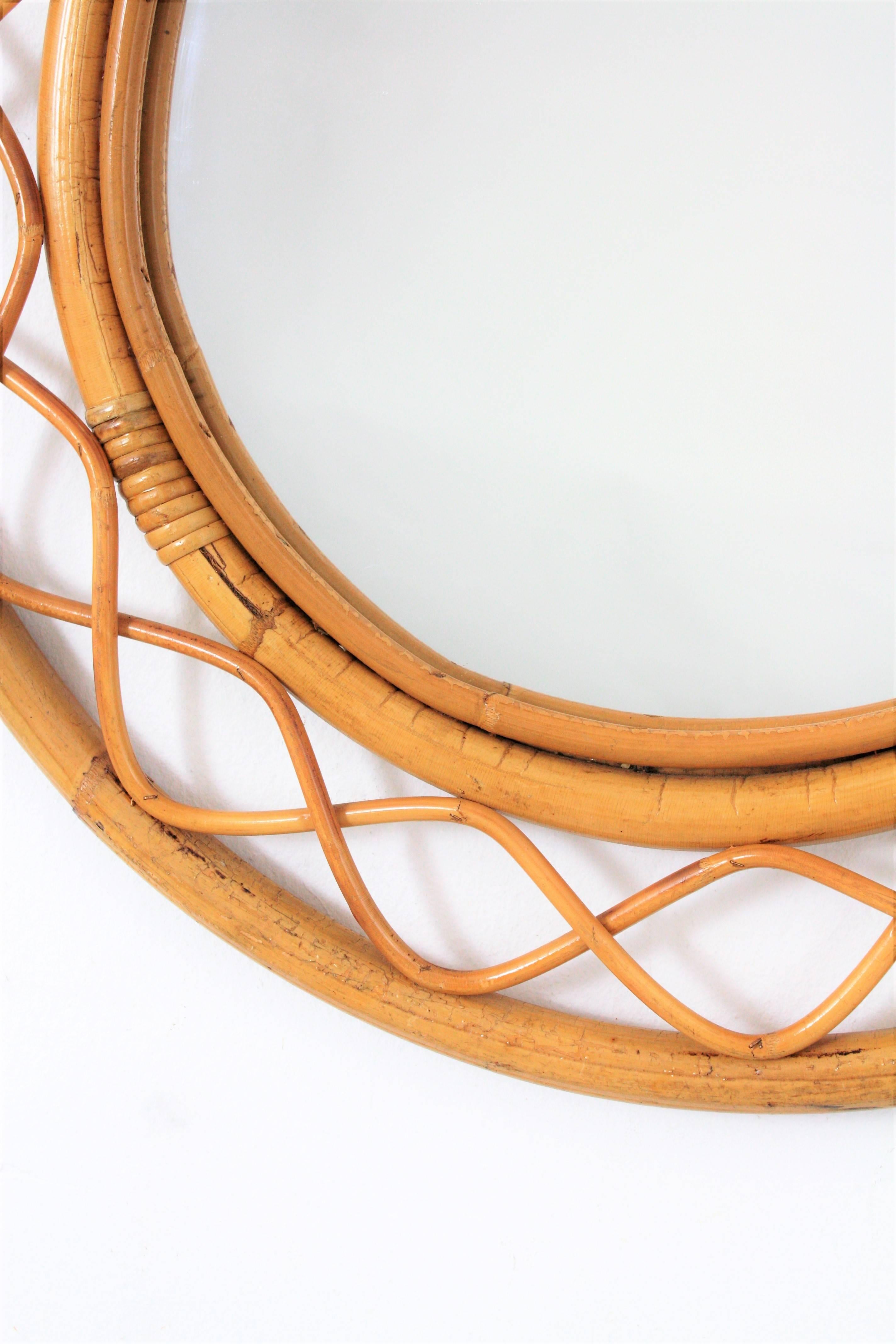 Mid-20th Century Jean Royère Style French Riviera Bamboo and Rattan Round Mirror, France, 1960s
