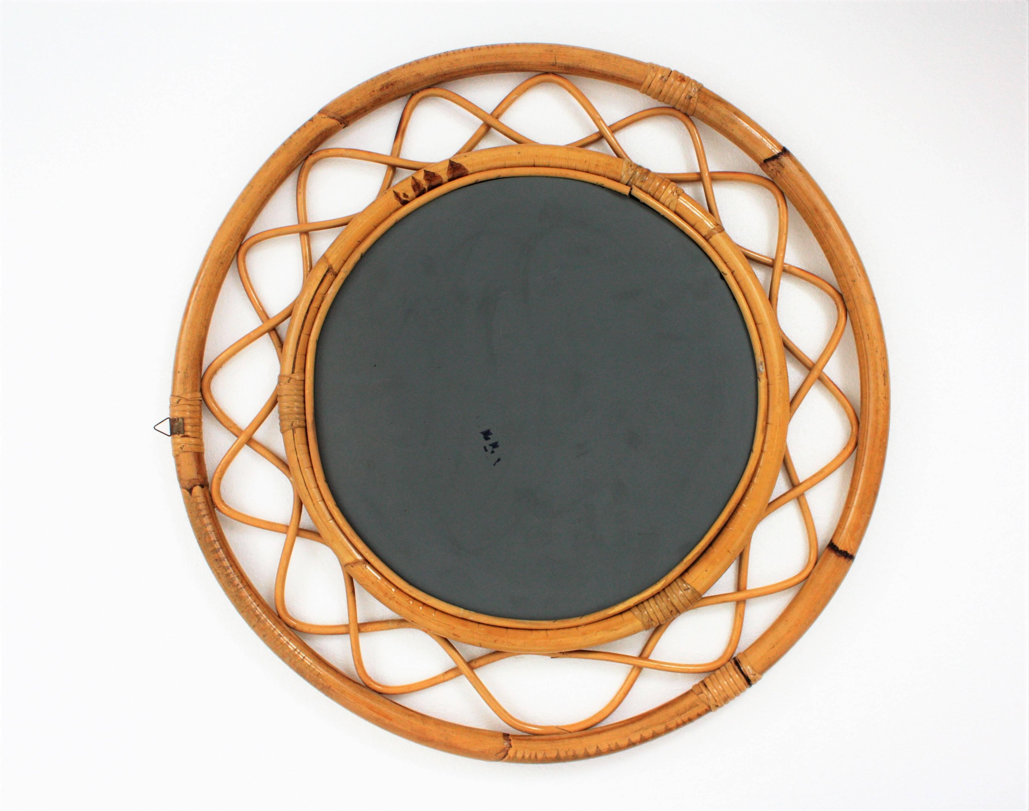 Jean Royère Style French Riviera Bamboo and Rattan Round Mirror, France, 1960s 2