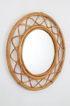 Jean Royère Style French Riviera Bamboo and Rattan Round Mirror, France, 1960s