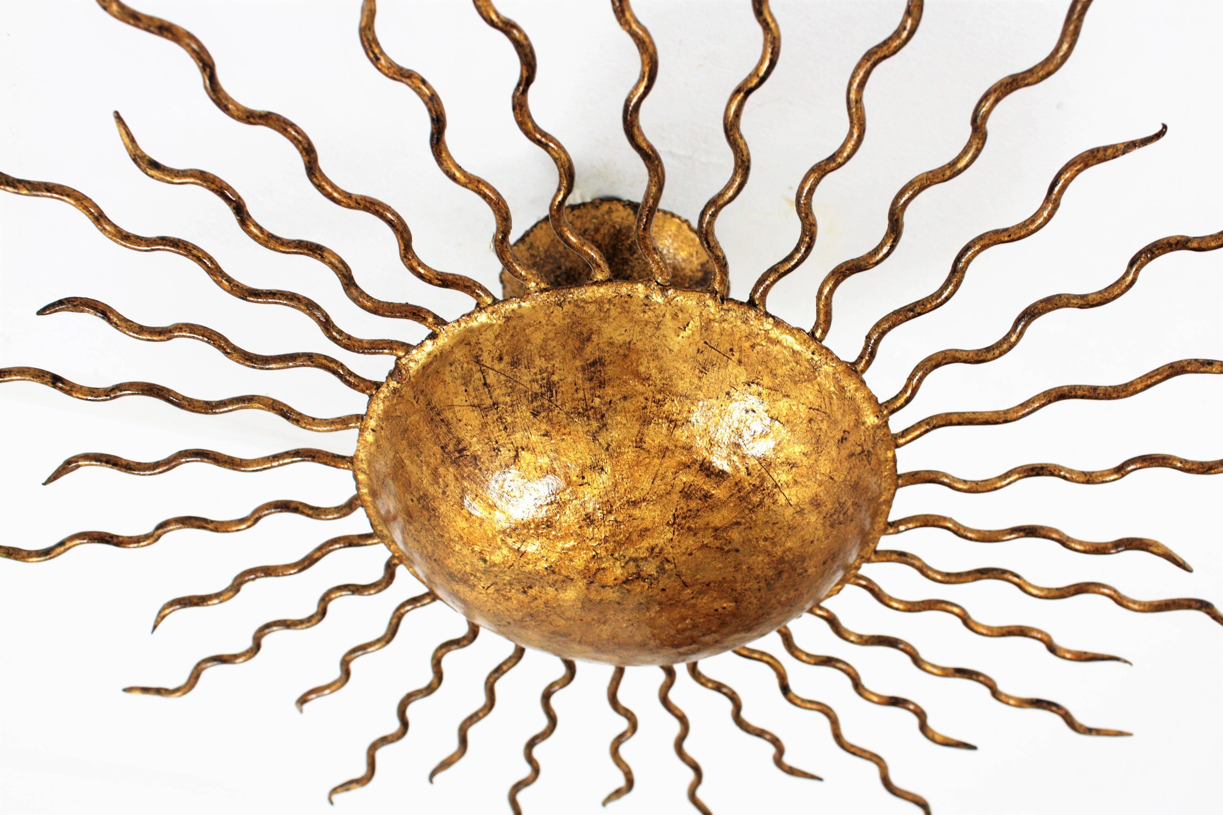 Mid-Century Modern Spanish 1960s Small Gold Leaf Gilt Iron Sunburst Ceiling Light or Wall Sconce