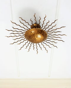 Spanish 1960s Small Gold Leaf Gilt Iron Sunburst Ceiling Light or Wall Sconce