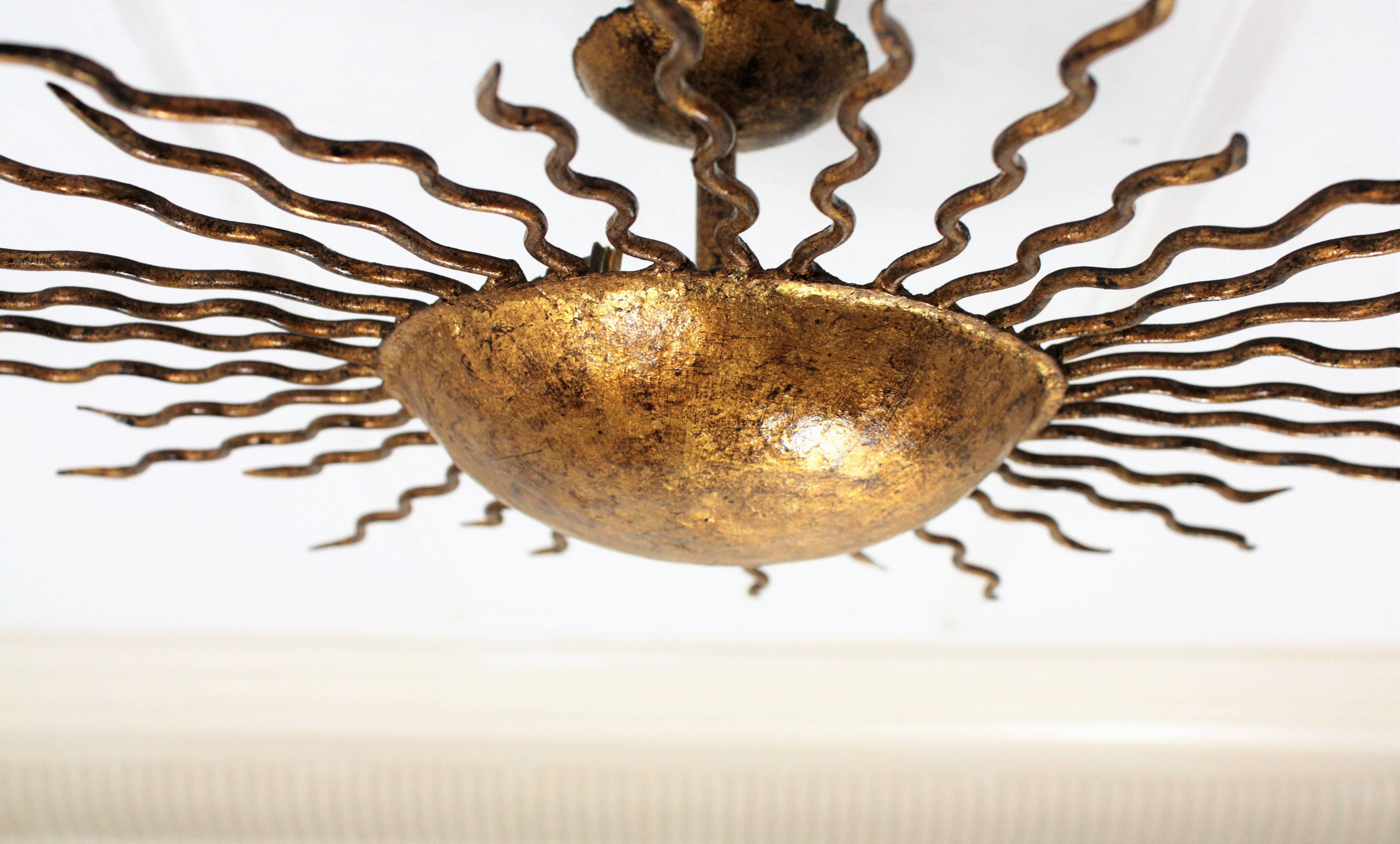 Spanish 1960s Small Gold Leaf Gilt Iron Sunburst Ceiling Light or Wall Sconce 1