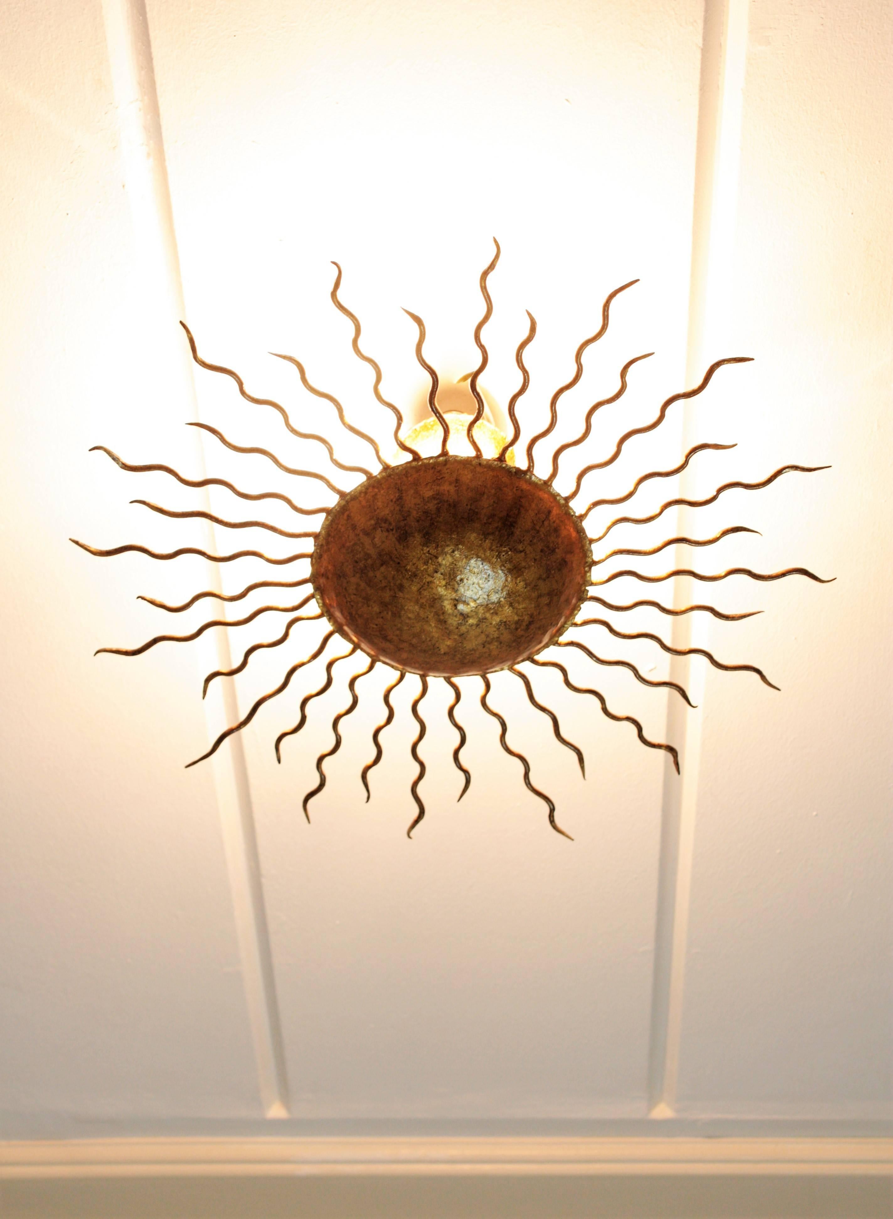 Spanish 1960s Small Gold Leaf Gilt Iron Sunburst Ceiling Light or Wall Sconce 2