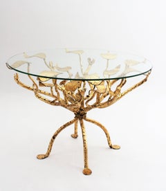 Hollywood Regency Hand-Hammered Gilt Iron Ornate Tree Coffee Table, France