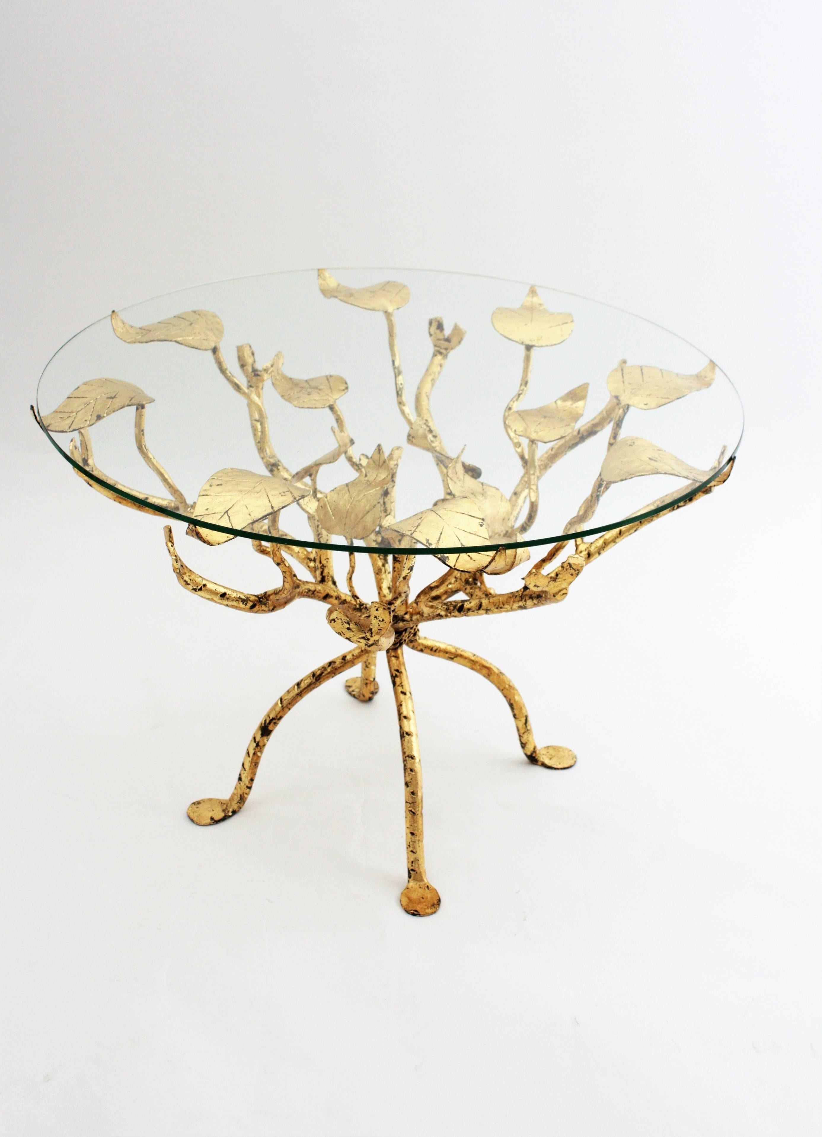 Hollywood Regency Hand-Hammered Gilt Iron Ornate Tree Coffee Table, France 1