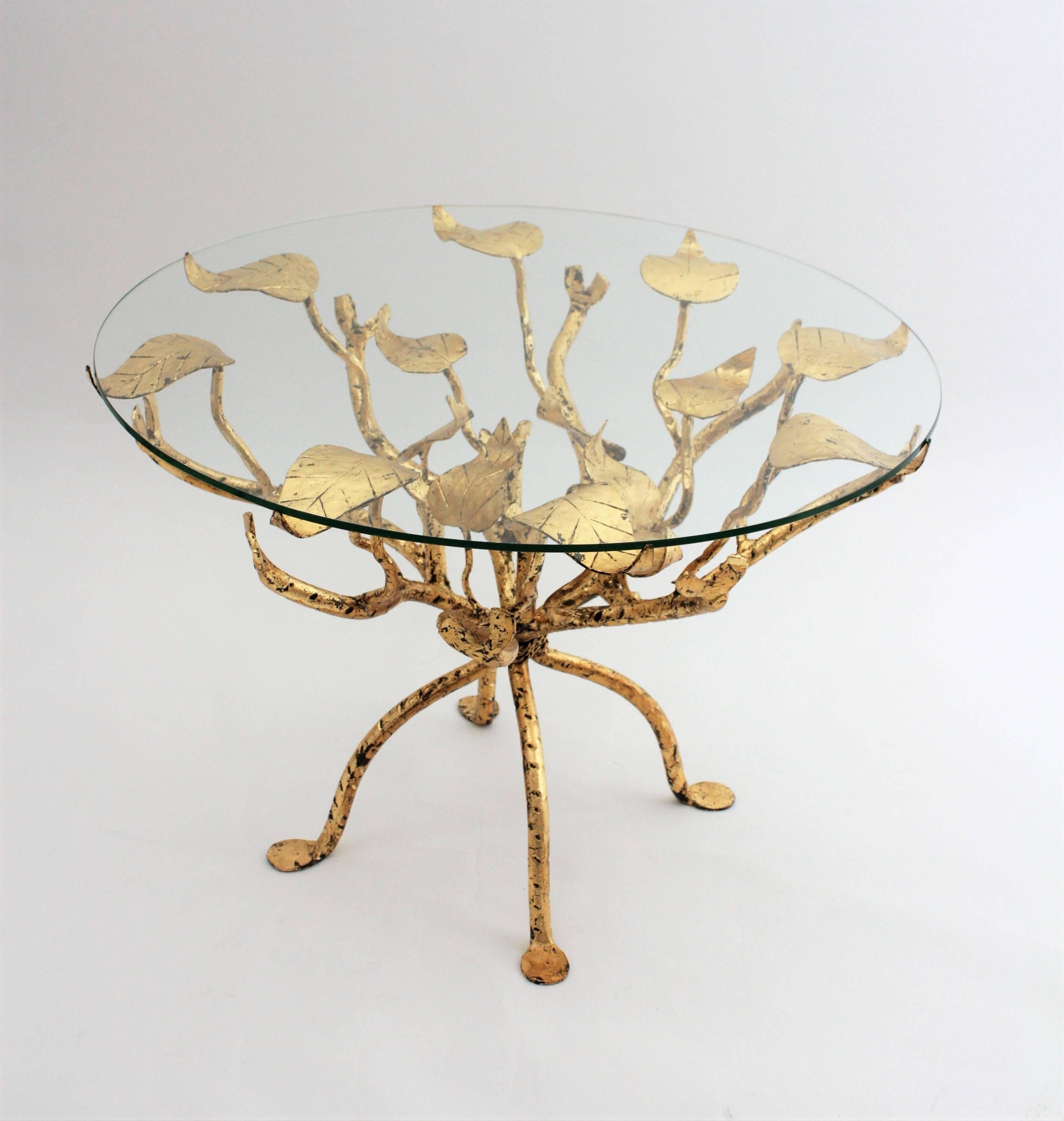 20th Century Hollywood Regency Hand-Hammered Gilt Iron Ornate Tree Coffee Table, France