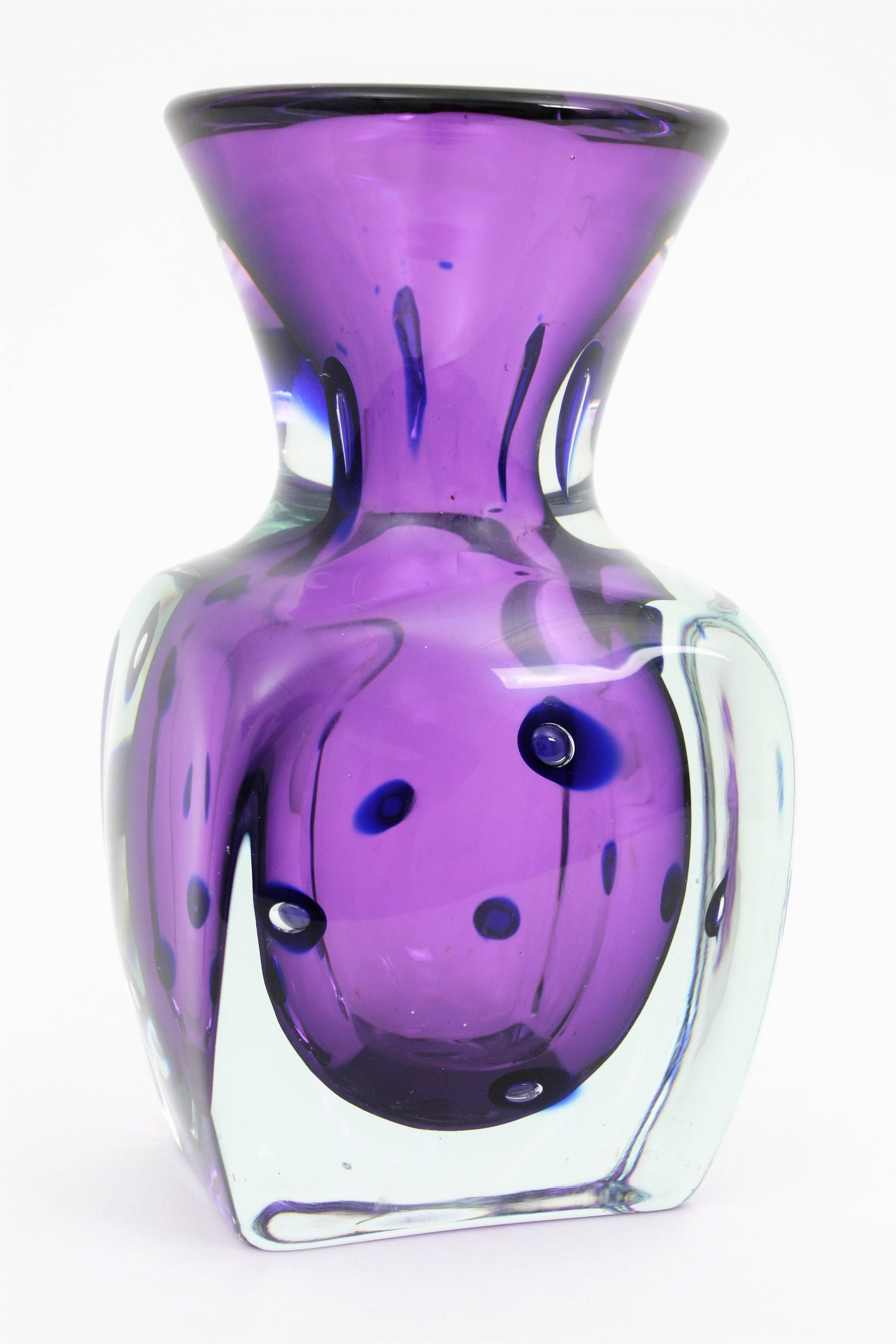 Mid-Century Modern Archimede Seguso Occhi Purple & Blue Controlled Bubbles Art Glass Bottle Vase