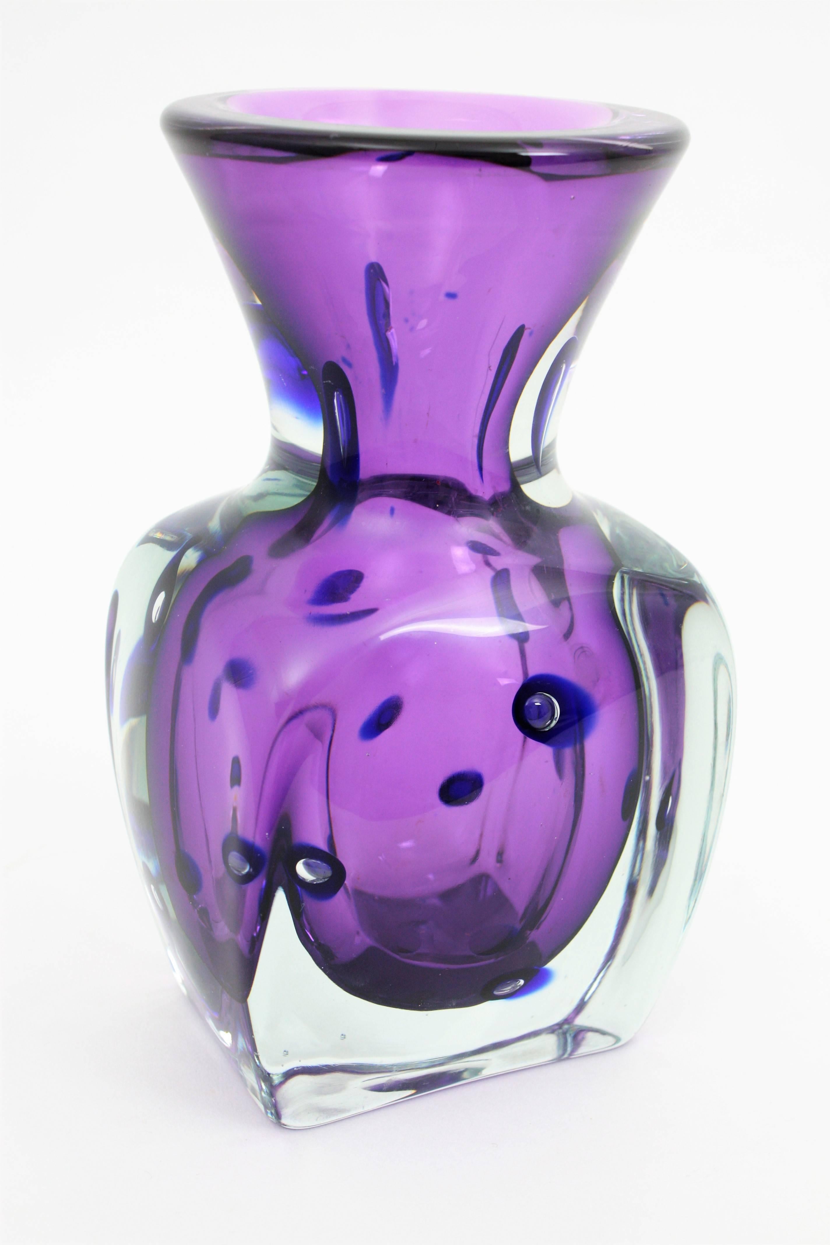 Archimede Seguso Occhi Purple & Blue Controlled Bubbles Art Glass Bottle Vase 1