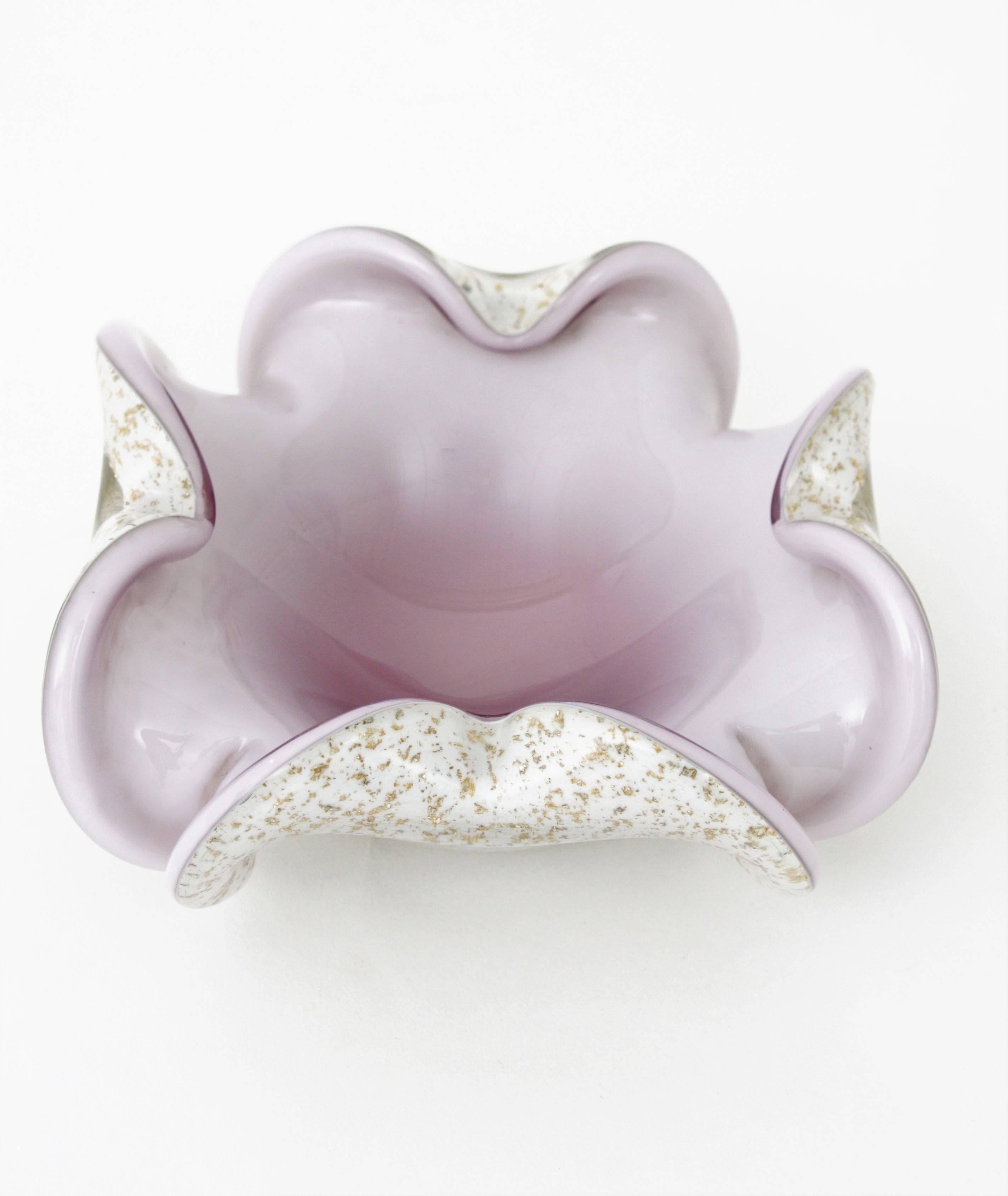 Hand-Crafted Murano Pale Purple White, Silver & Gold Flecks Flower Art Glass Bowl or Ashtray