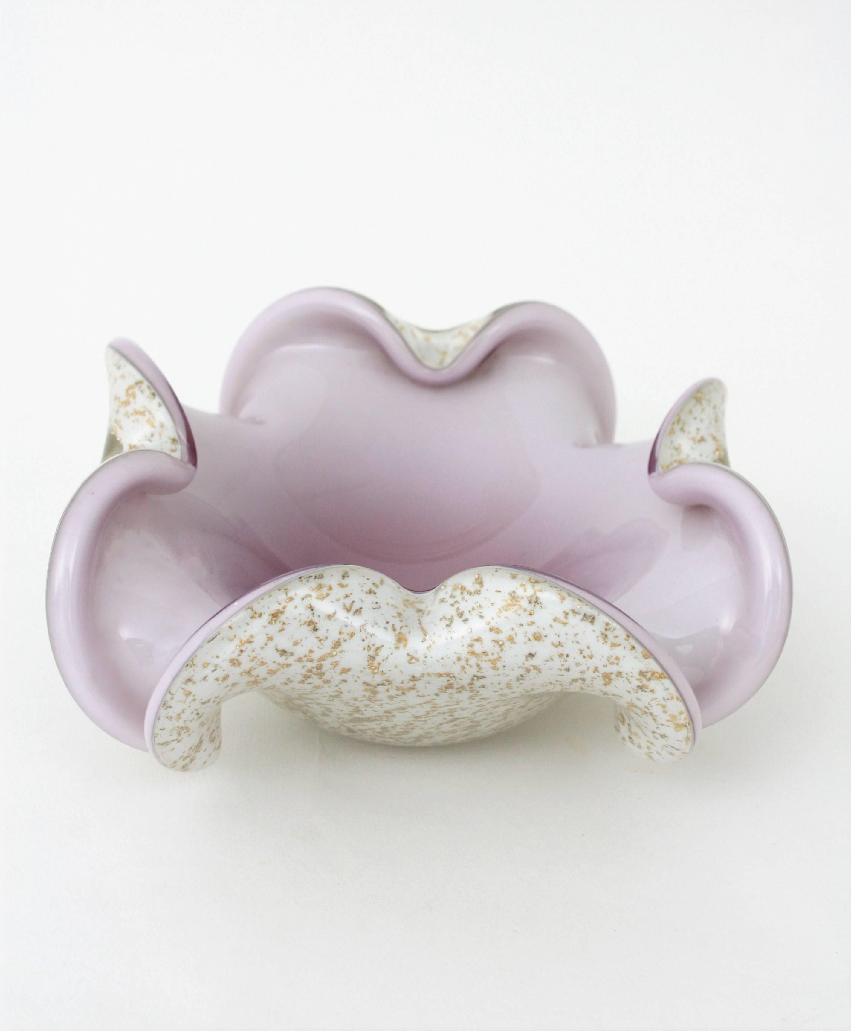 Murano Pale Purple White, Silver & Gold Flecks Flower Art Glass Bowl or Ashtray In Excellent Condition In Barcelona, ES