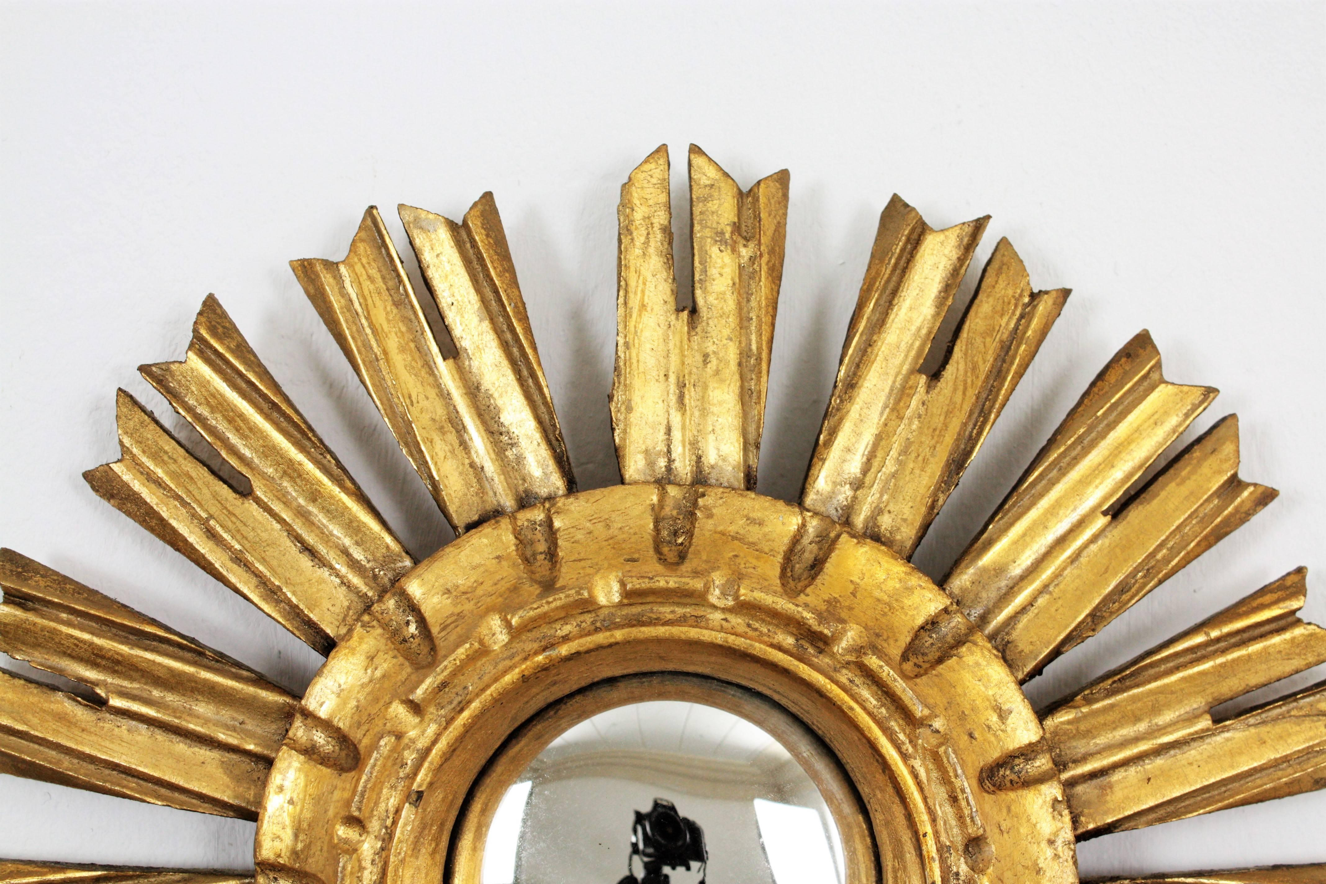 Wood Unusual Spanish, 1940s Giltwood Mini Sunburst Convex Mirror in Baroque Style