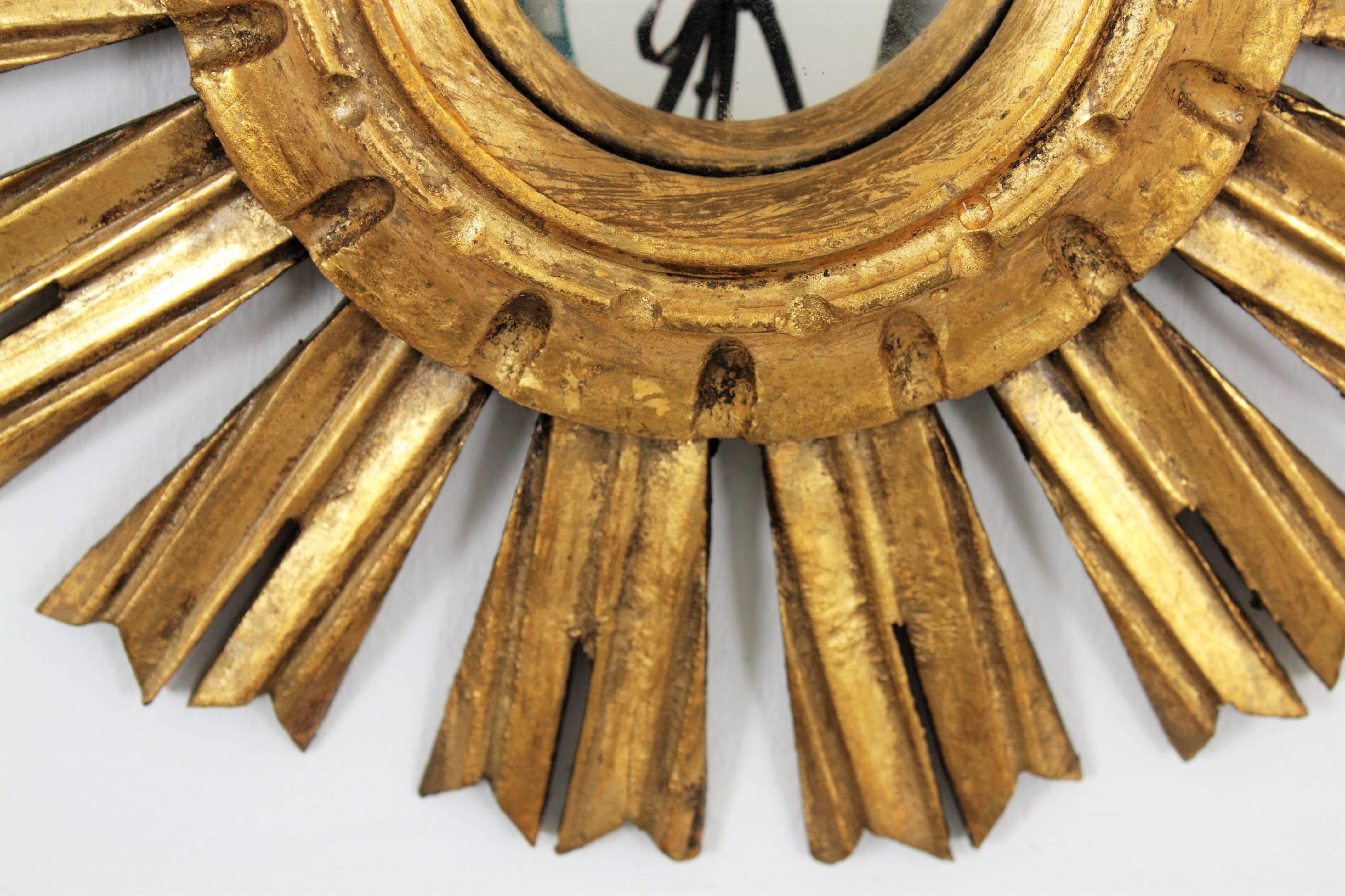 Unusual Spanish, 1940s Giltwood Mini Sunburst Convex Mirror in Baroque Style 1