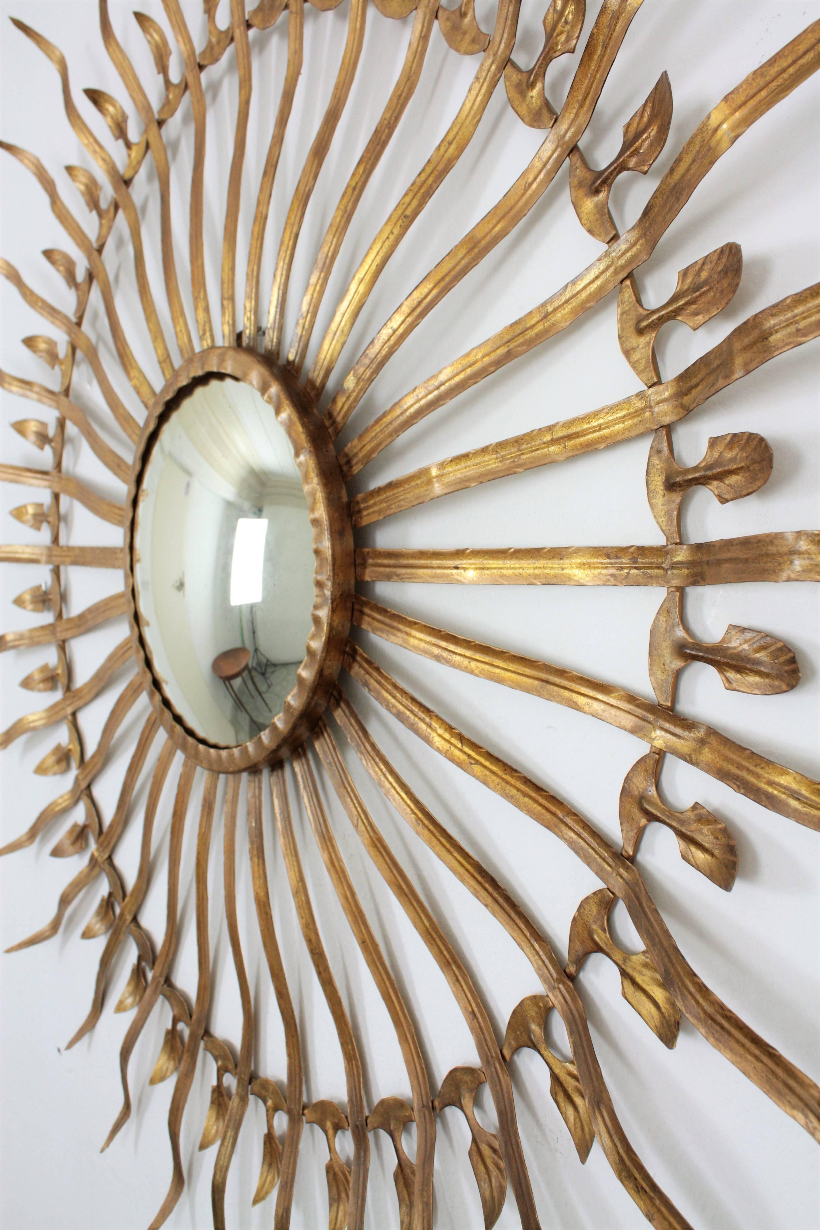 Spanish 1950s Hollywood Regency Large Gilt Iron Convex Sunburst Mirror 2